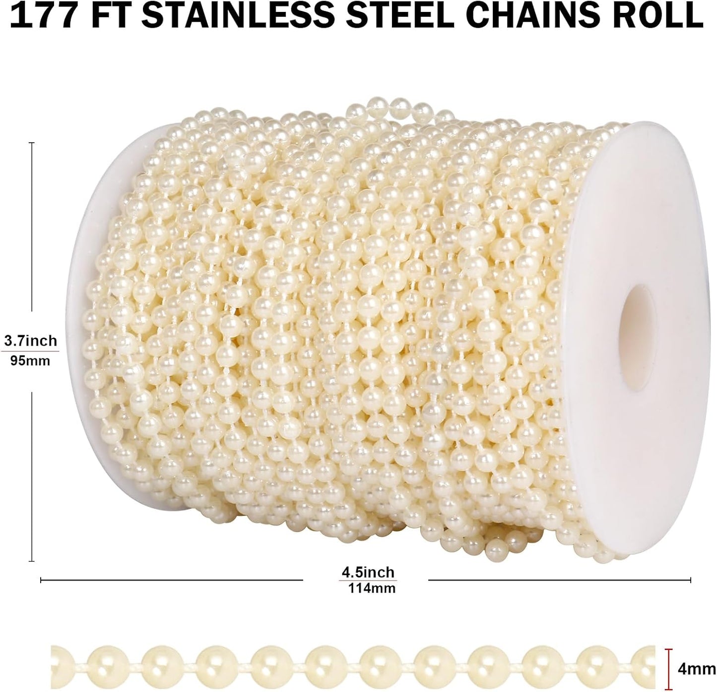 177 FT Pearl Beads Garland for Decoration, 4MM Craft Pearl Beads String Spool Ivory Color Faux Pearl Strand Roll for DIY Craft Wedding Party Christmas Tree Decoration