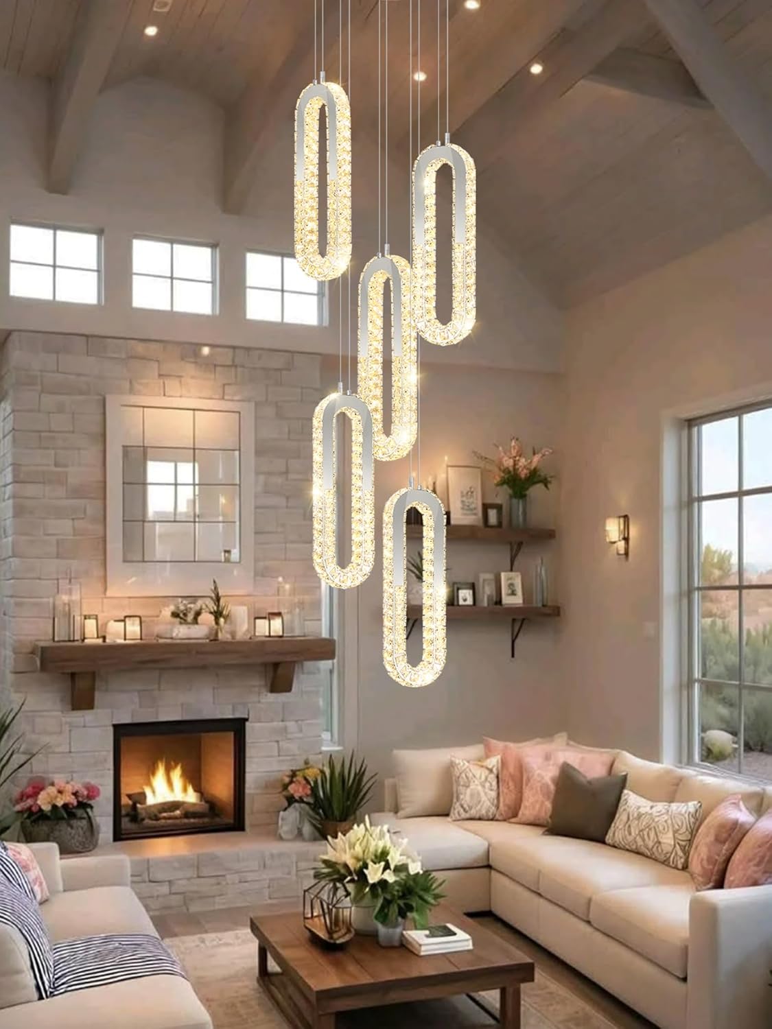 5 Rings Crystal Chandeliers for Staircase Large Pendants Light Fixture Silver High Ceiling Chandelier for Entryway Bedroom Foyer 2700K-6000K