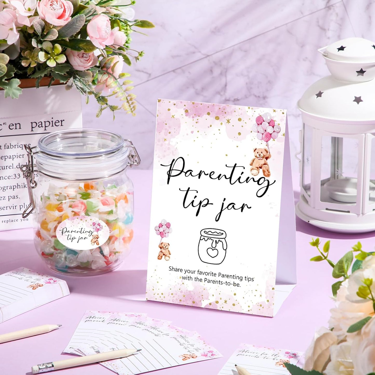 Roowest Baby Shower to Baby Advice Cards for New Parents to Be - Tip Jar Sign for New Parents 60 Parenting Advice Cards 10 HB Pencils 2 Cute Stickers 1 Pet Bottle for Guests Games(Pink Bear)
