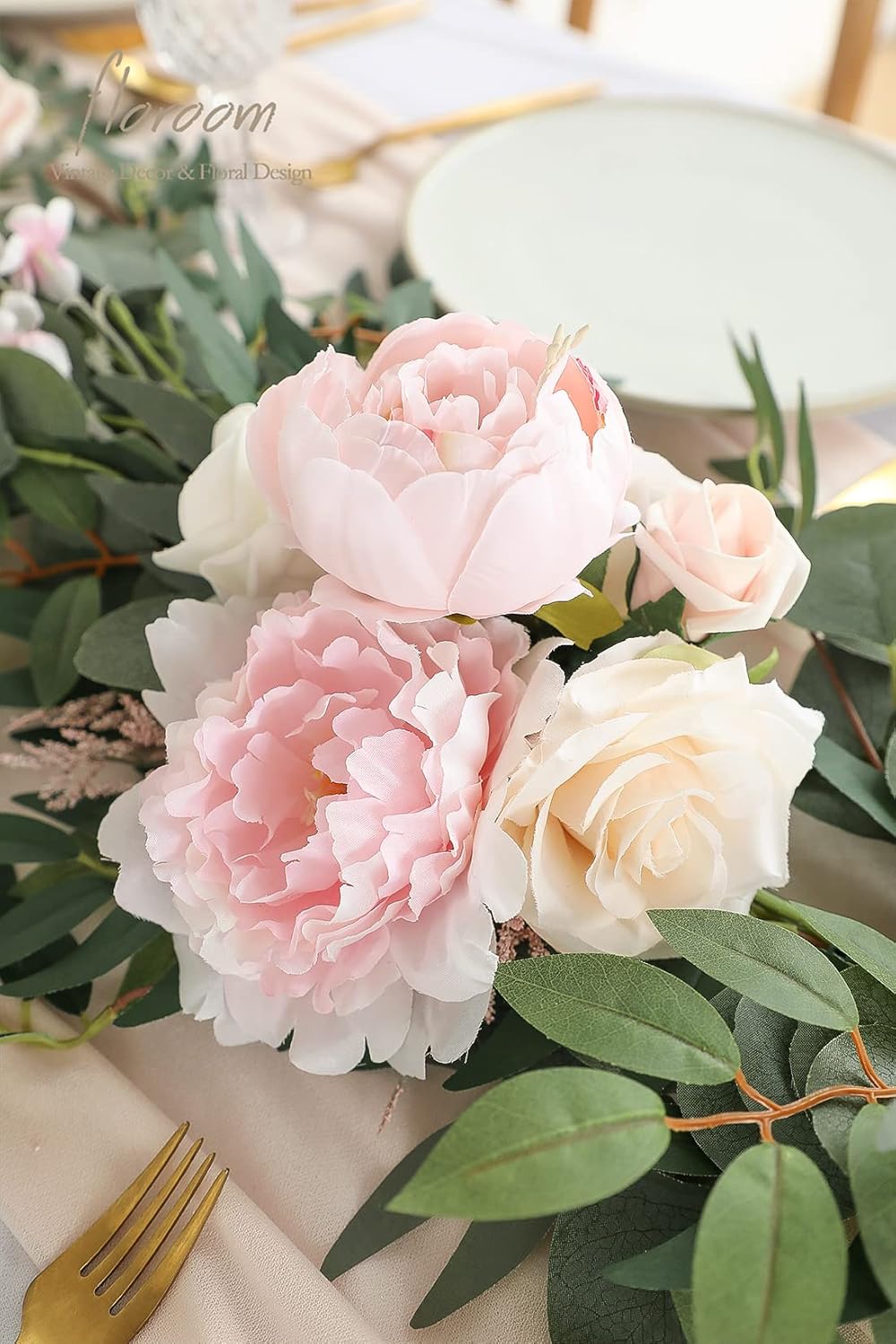 Floroom 6ft Artificial Eucalyptus Garland with Flowers Fake Greenery Faux Floral Vine Garland for Table Decor Wedding Centerpieces Bridal Shower Party Decorations, Blush & Cream