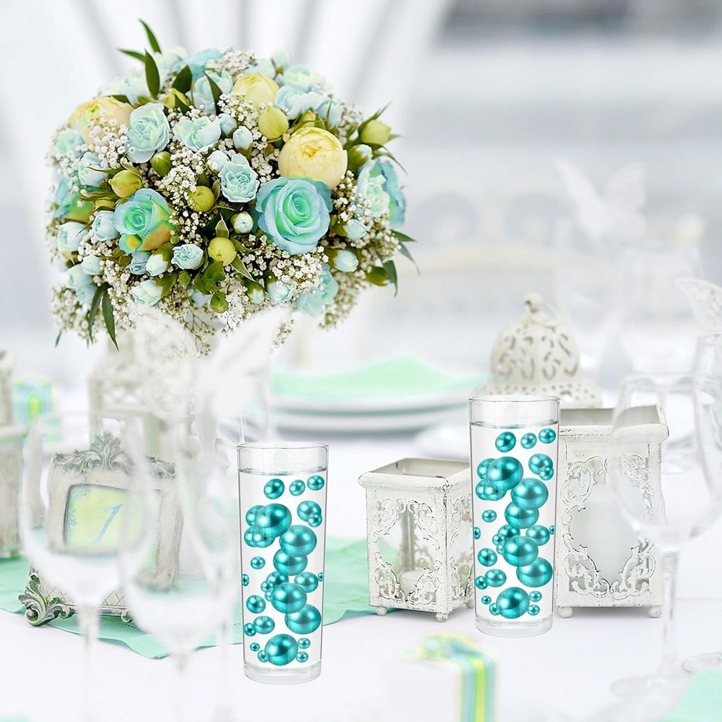 100PCS Lake Blue Faux Pearls Beads for Centerpiece Vases, Vase Filler Faux Pearls, No Holes Filler Beads for Party Anniversary Birthday Wedding Table Decor, 14/20/30mm