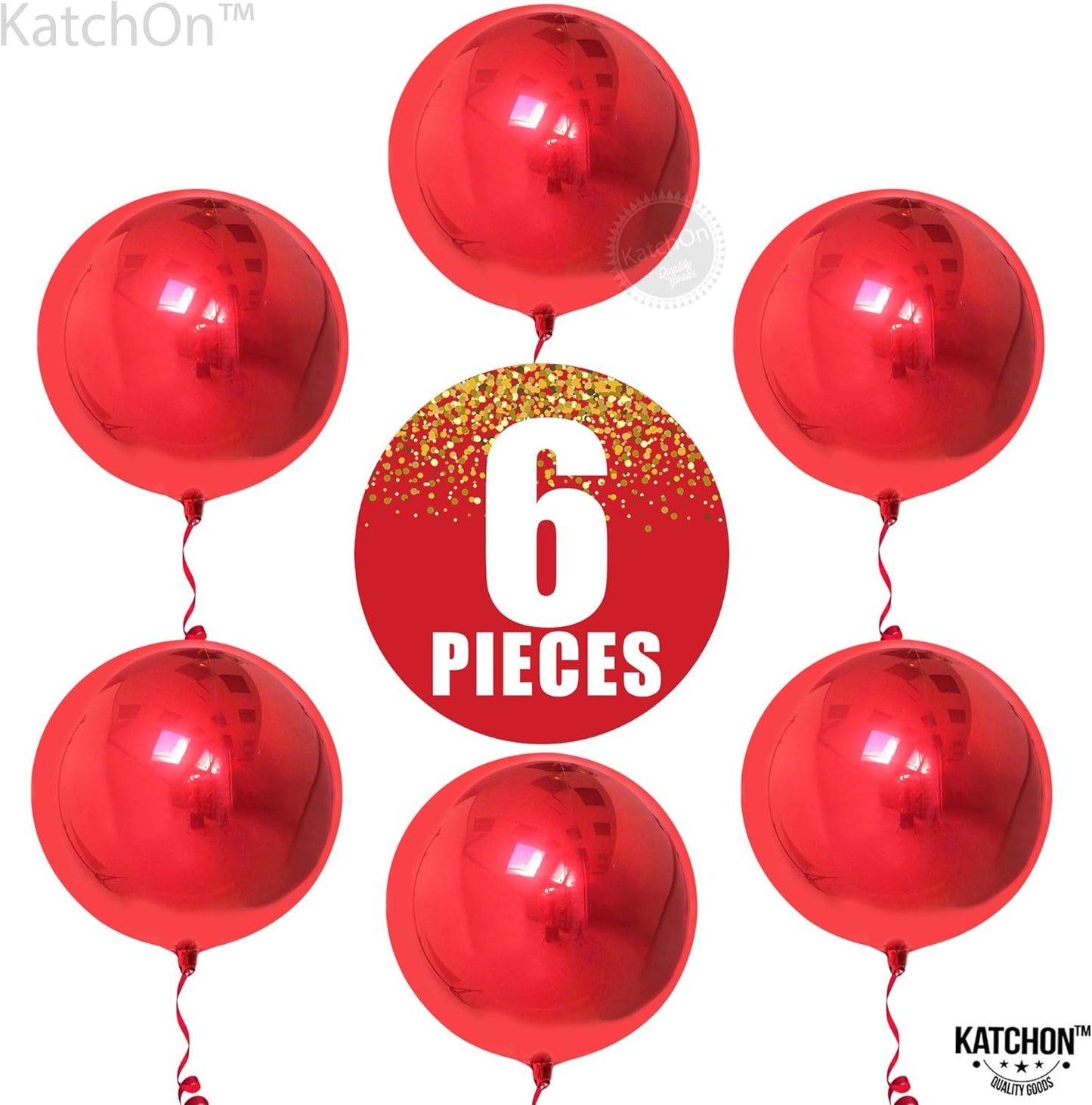KatchOn, Red Foil Balloons - Big 22 Inch, Pack of 6 | 4D Sphere Metallic Red Balloons for Happy Birthday Decorations, Carnival Decoration, Wedding Decoration, Anniversary Decorations