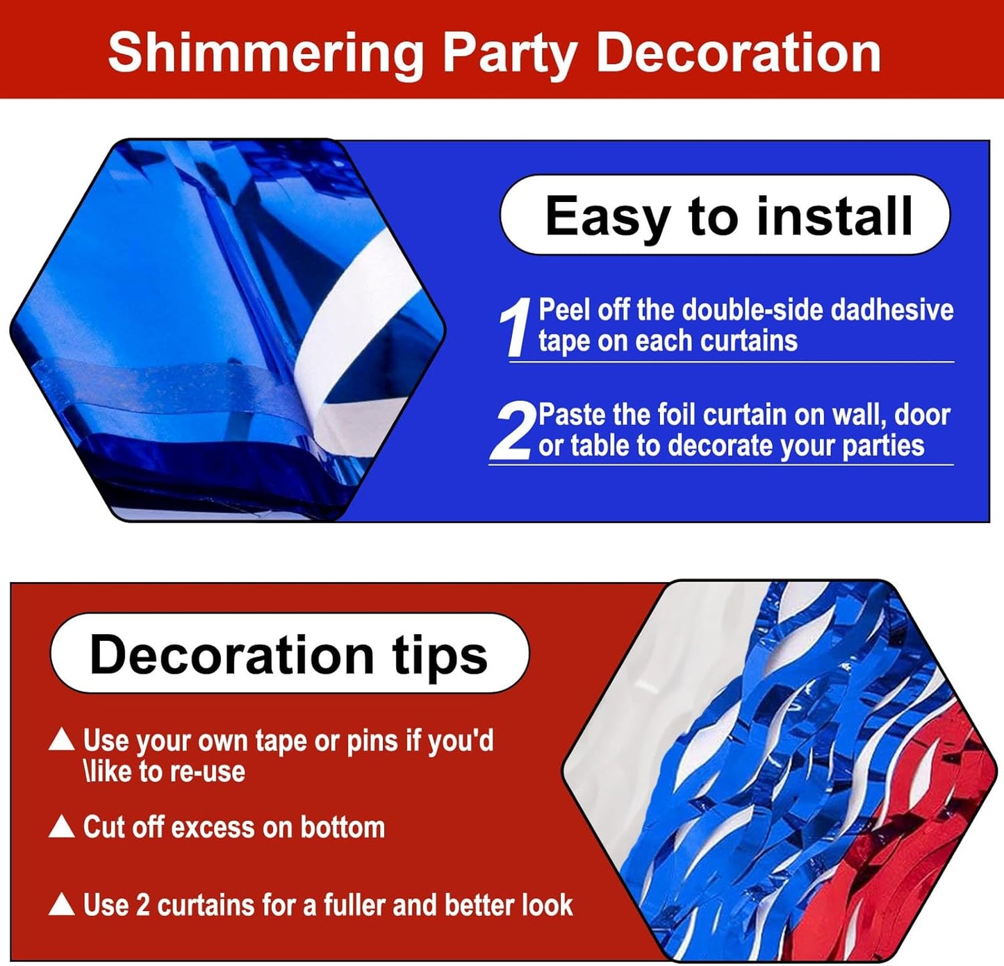 4 Pack White Blue Red Wave Foil Fringe Curtain Backdrop, 3.28Ft x 8.2Ft Metallic Tinsel Foil Fringe Streamer Curtains for Photo Booth, Mother's Day, Easter, Birthday, Wedding Party Decoration