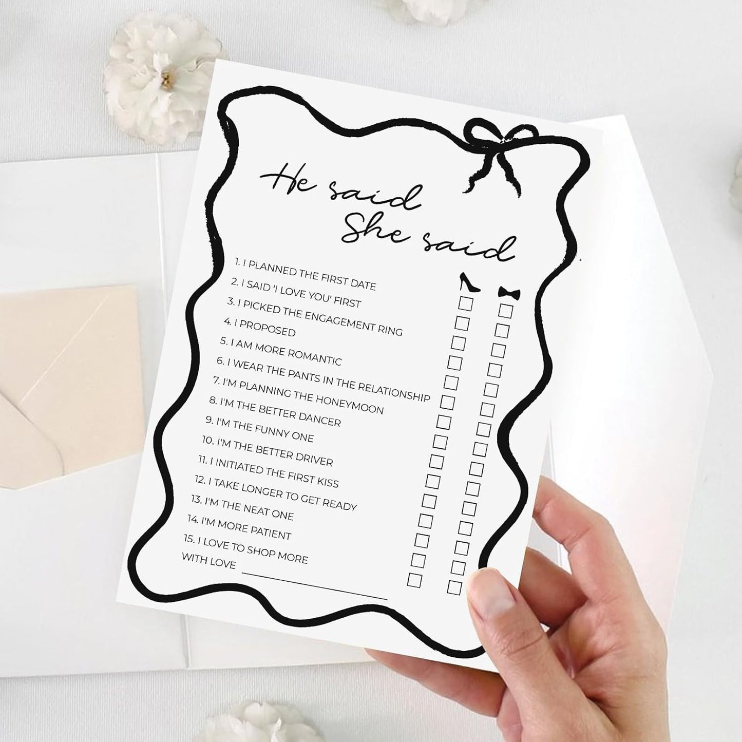DEEKA 30 PCS Bridal Shower Games Card for 30 Guests Black Wavy Border Ribbon Bow Funny Wedding Bachelorette Party Games for Reception (He Said She Said)