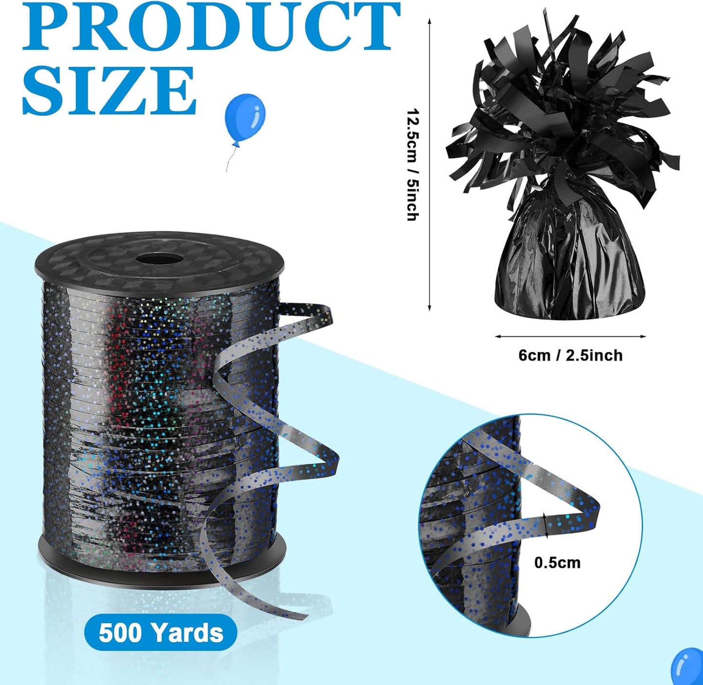 24 Pcs Balloon Weights Metallic Anchor Balloon Holder for Helium Balloons Heavy Table Weights and 1 Roll Iridescent Crimped Ribbon for Birthday Wedding Halloween Christmas Party(Black)