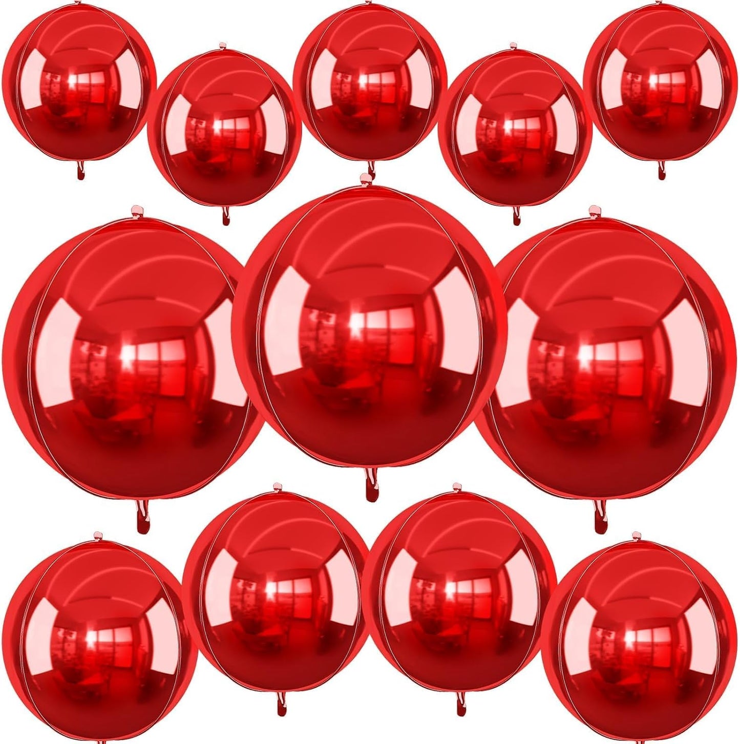 12Pcs Red Round Foil Balloons, 22" 15" 10" 4D Ball Balloons, Metallic Red Foil Balloon for Wedding Birthday Graduation Christmas New Year Party Decoration Supplies Backdrops