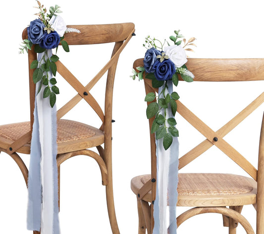 Wedding Aisle Decorations for Wedding Ceremony Set of 10 Pew Flowers for Church Chair Decorations Party Decor with Artificial Flowers Eucalyptus and Ribbons Blue