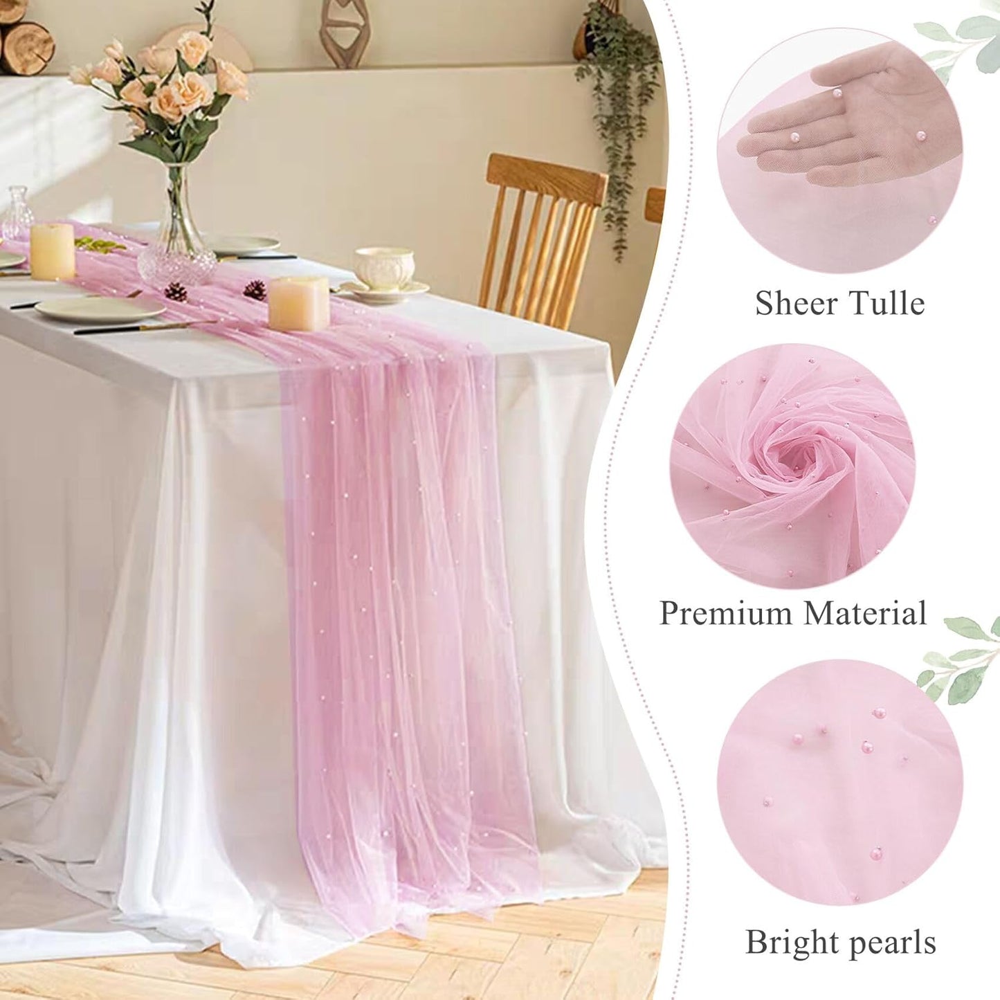 Set of 6 Pearl Table Runner 29 x 120 Inch Tulle Fabric Lace Table Runners Boho Rustic Tablecloth for Bridal Shower Birthday Party Wedding Arch Aisle Veil Dessert Table Decor(Pink)