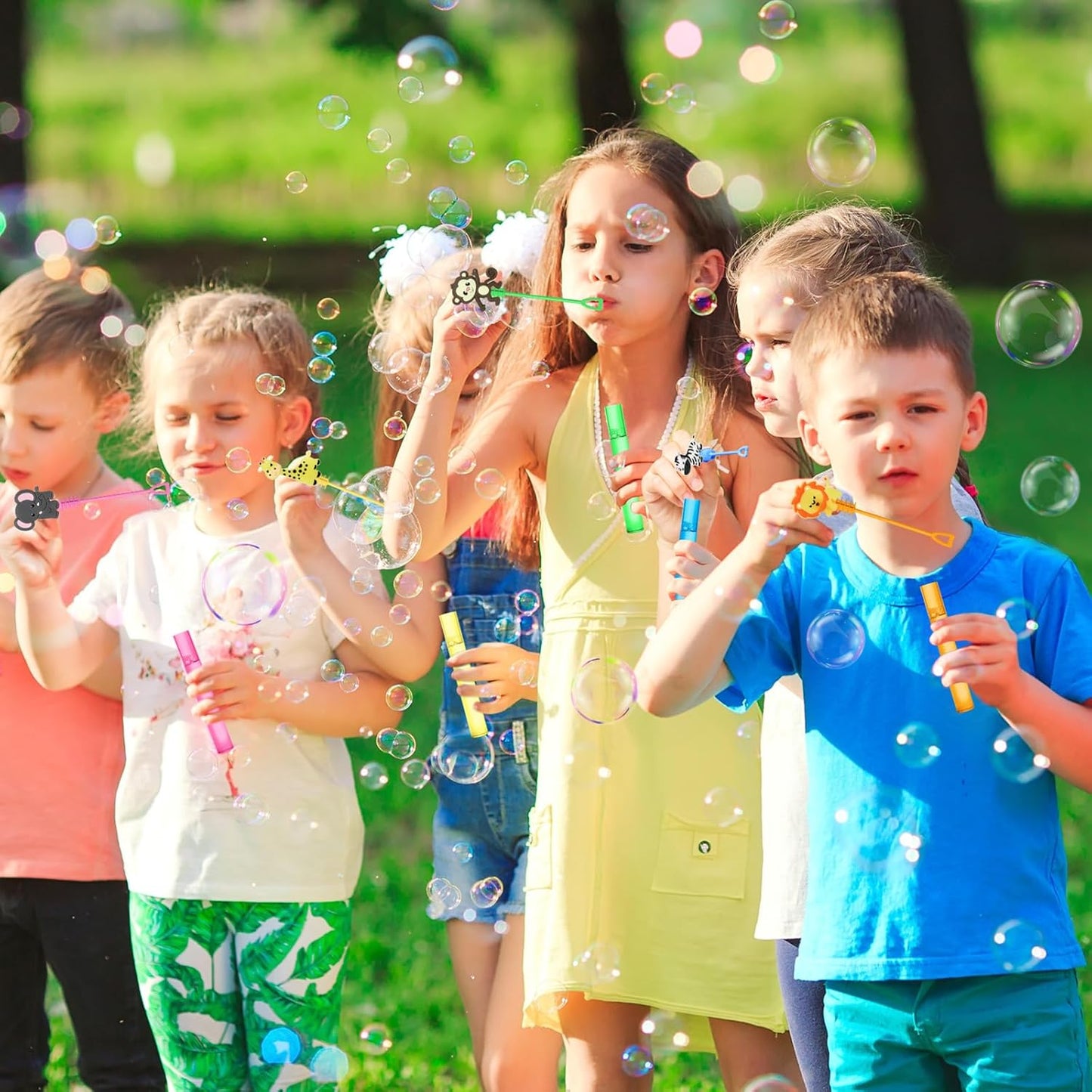 24 Jungle Animal Party Favors Bubble Wands for Kids, Lion Fox Zebra Giraffe Safari Mini Bubbles Wand Toys, Woodland Theme Birthday Party Supplies Goodie Gift Bag Stuffers Pinata Classroom Prizes