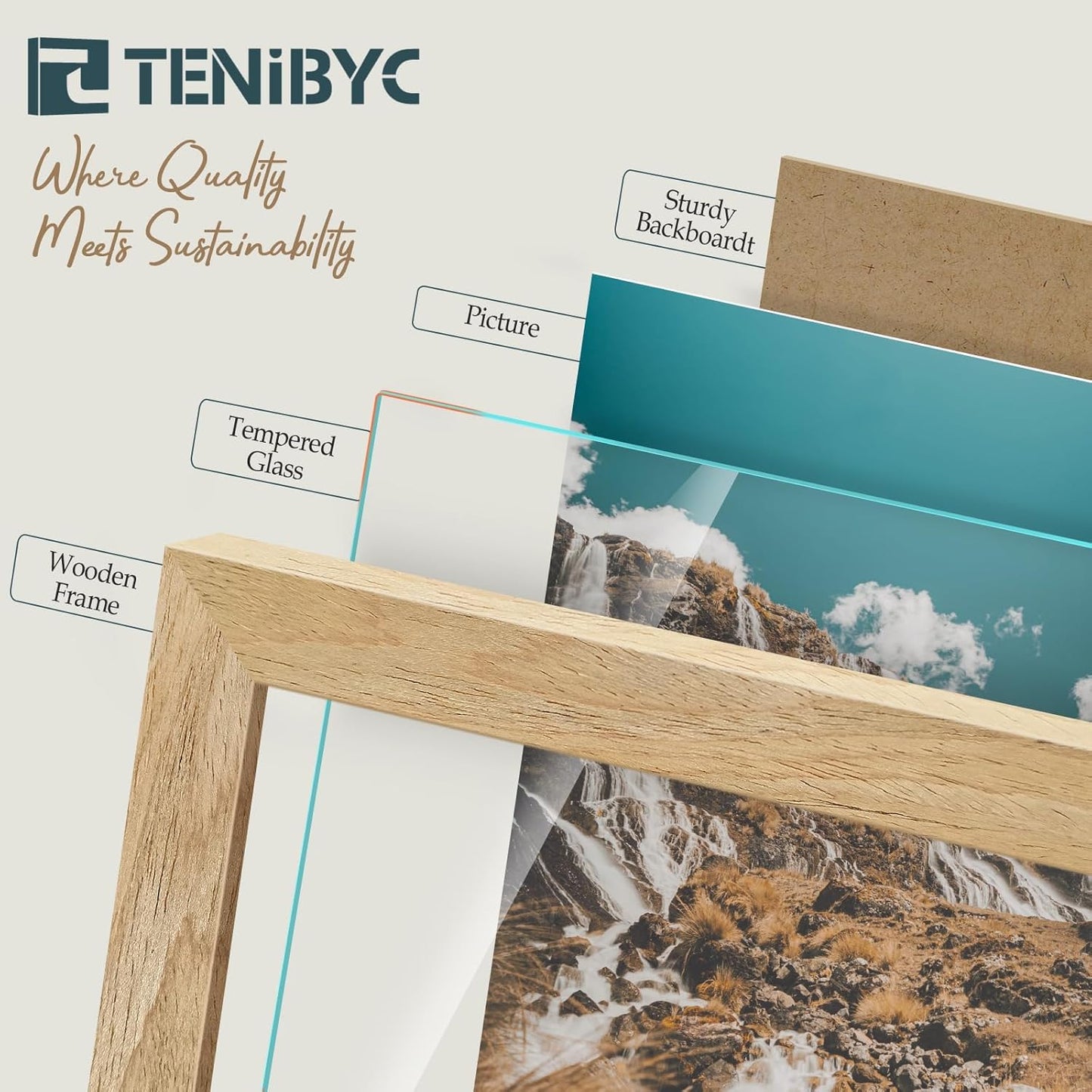 12x16 Picture Frame Set - 4 Pack, Natural Woodgrain, HD Tempered Glass, Wall Gallery Photo Frame