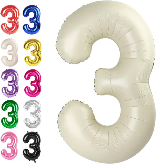 40 Inch Cream White 3 Large Number Balloon, 3 13 23 30 33 36 38 Cream White Birthday Party Decorations, Number Three Foil Balloons for Anniversary Party Graduations Celebration Supplies