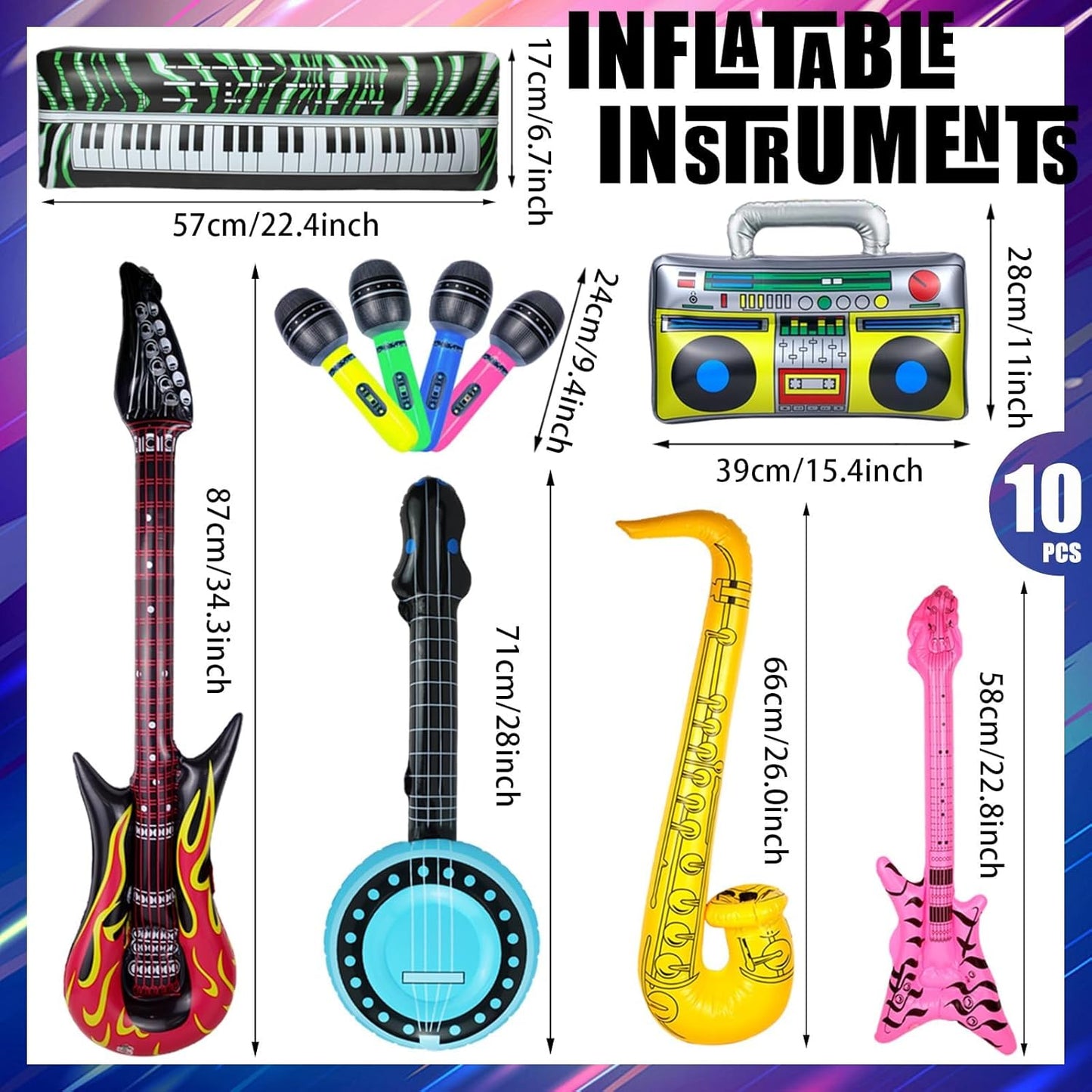 10 Pieces Inflatable Instruments Party Props Set Photo Booth Props Inflatable Guitar Saxophone Bass Lute Microphone Recorder Piano Theme Party Rock Toys Decorated Vintage Period Party
