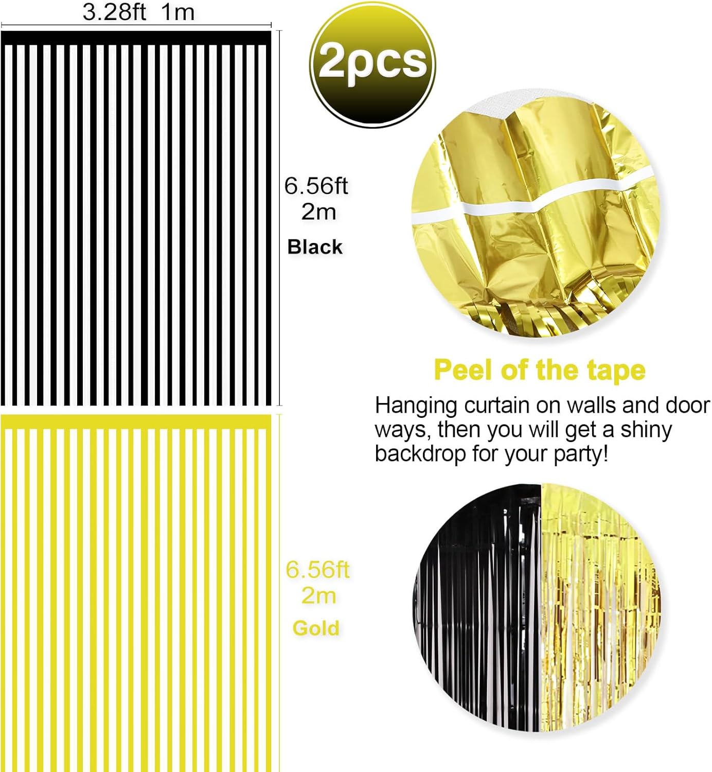 Metallic Tinsel Foil Fringe Curtains Backdrop Black Gold, 2 Pcs 3.28 ft x 6.56 ft Streamers for Birthday Party Graduation New Years Decorations Indoor Outdoor Photo Booth Windows Decoration Supplies