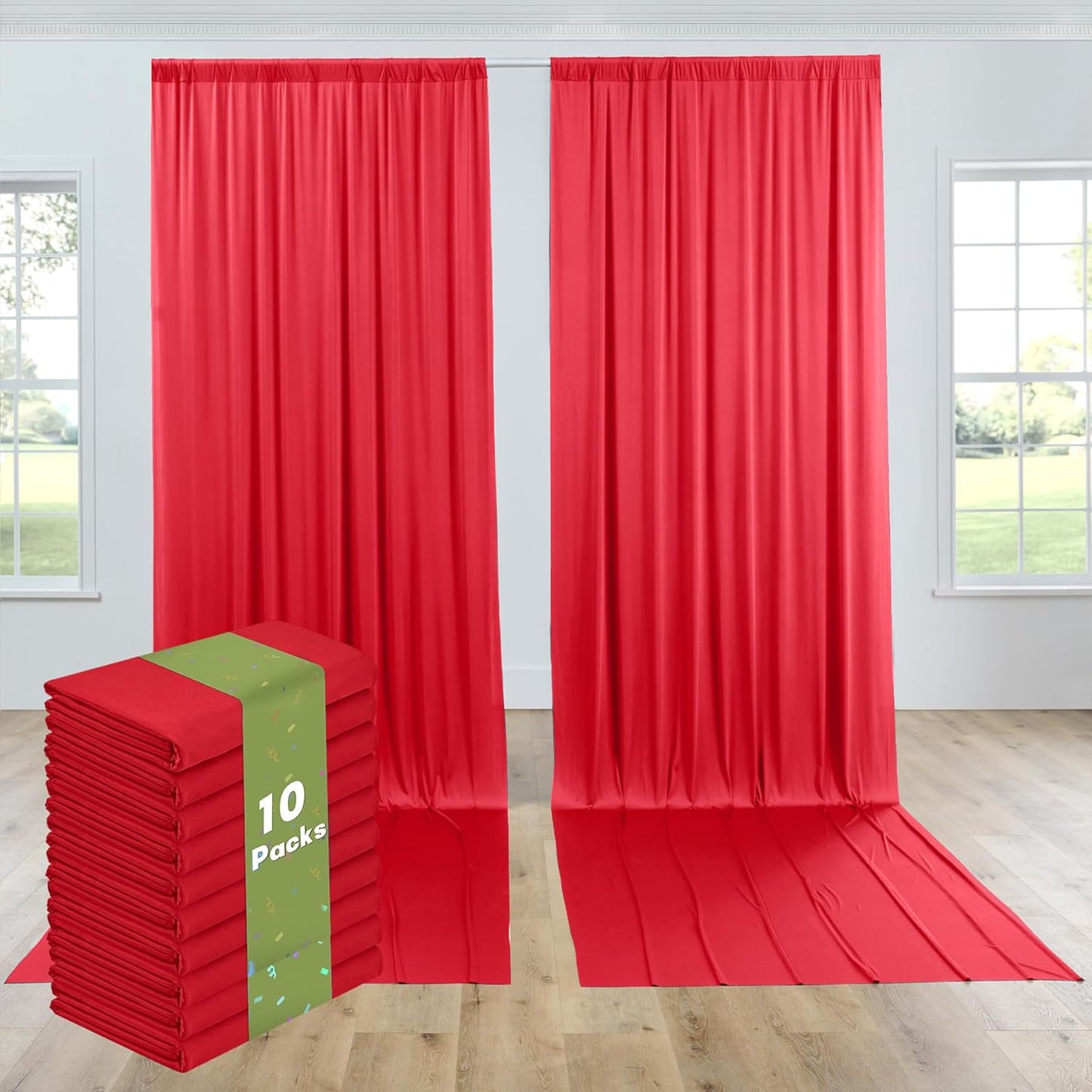 PartyVillage 50ft×15ft Red Backdrop Curtain for Wedding Parties, 10 Panels Wrinkle Free 15 FT Long Polyester Photo Backdrop Drapes Back Drop Cloth for Birthday Photography Background