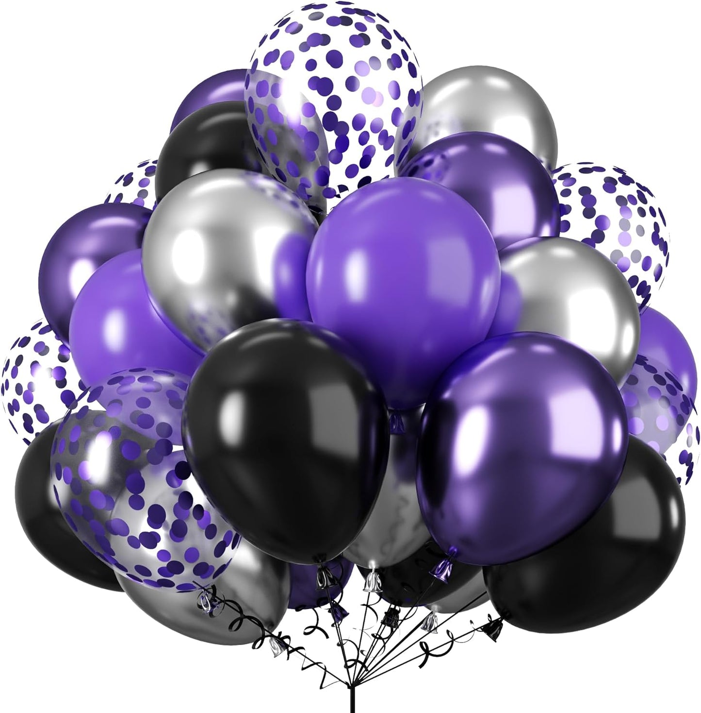 Purple and Black Balloons, 60 Packs 12 Inch Dark Purple Light Purple Black Balloons with Metallic Silver Confetti Latex Balloons for Halloween, Girls Women Birthday Wedding Party Decorations