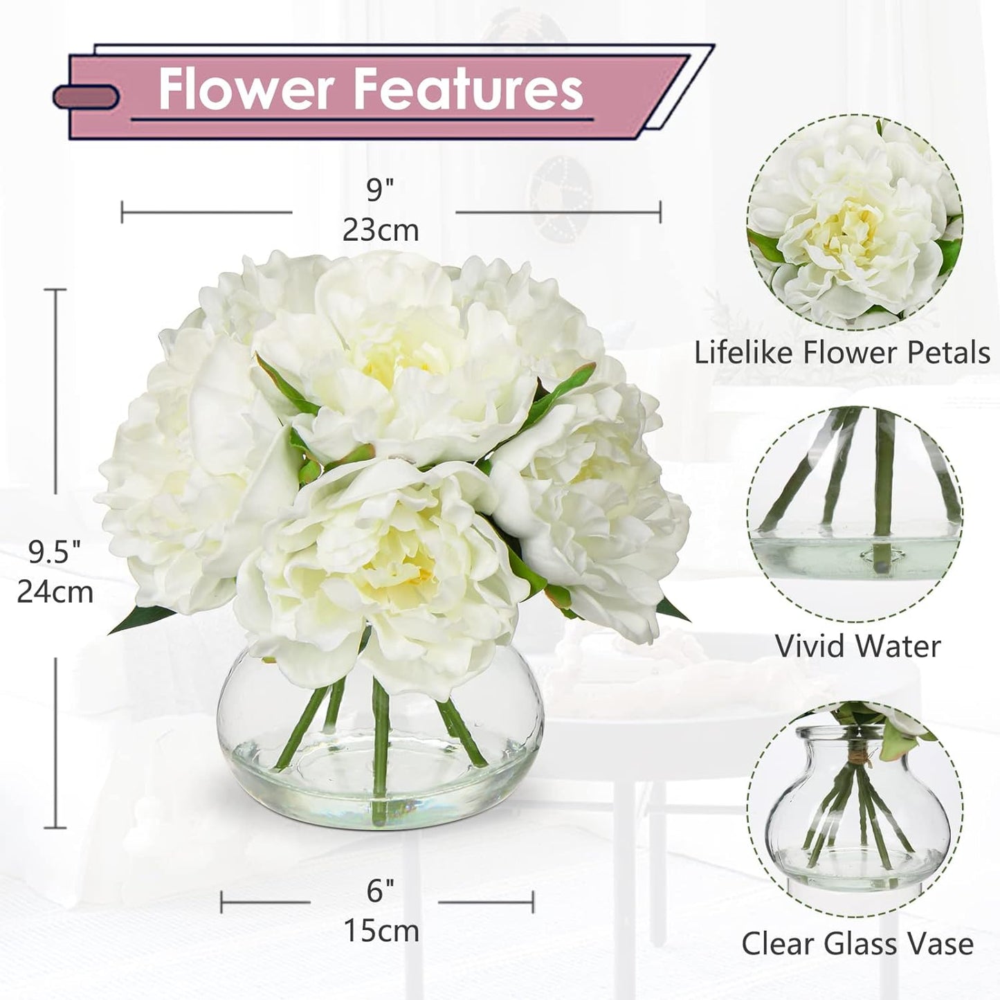 Hollyone Fake Flowers White Peonies Artificial Flowers Faux Flowers with Vase Peony Silk Flower Arrangements in Glass Vase with Faux Water for Home Decor Bathroom Table Centerpiece Shelf Decorations