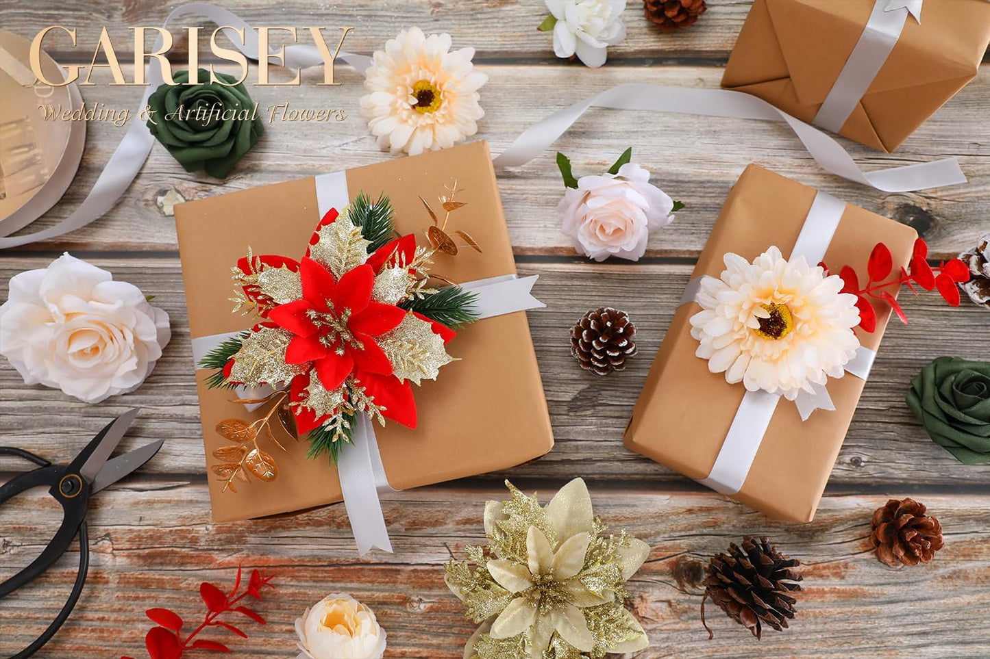 Christmas Artificial Flowers Poinsettia Flower Mix Silk Flowers Fake Roses with Stems for DIY Table Centerpieces Christmas Tree Xmas Wreath Holiday Home Party Decor