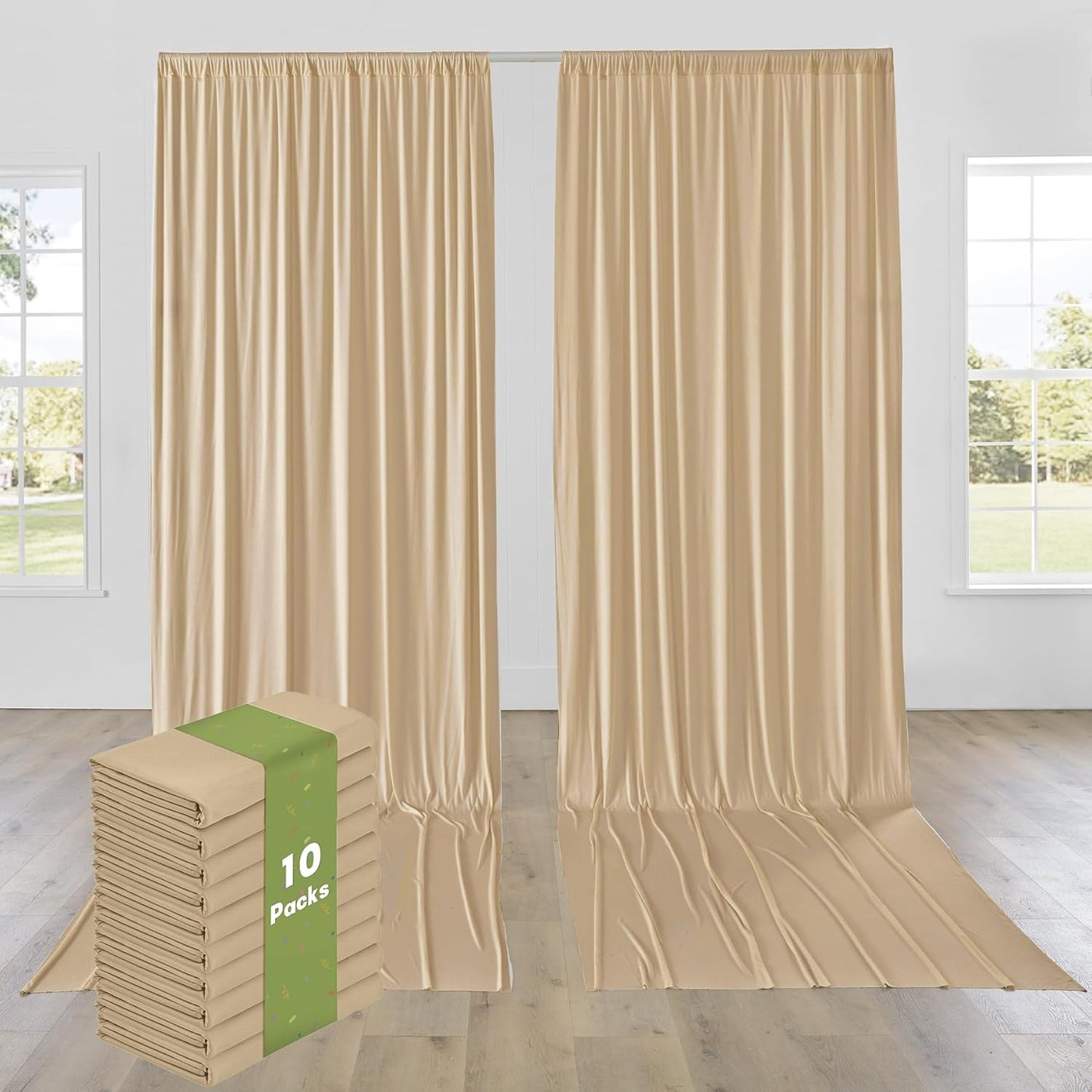 PartyVillage 50ft×15ft Beige Backdrop Curtain for Wedding Parties, 10 Panels Wrinkle Free 15 FT Long Polyester Photo Backdrop Drapes Back Drop Cloth for Birthday Photography Background