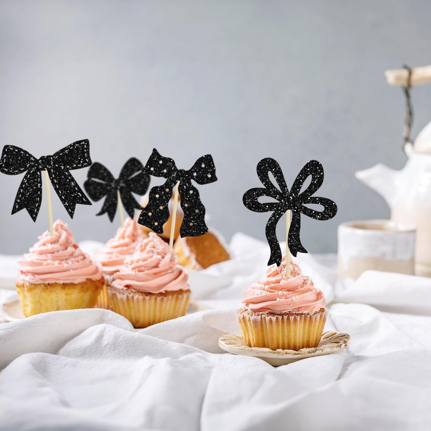 Ephlyn 24Pcs Bow Cupcake Toppers Bow Birthday Cake Topper Girls Birthday Party Decorations Bowknot Cupcake Decorations for Bridal Baby Shower Birthday Wedding Themed Party Black