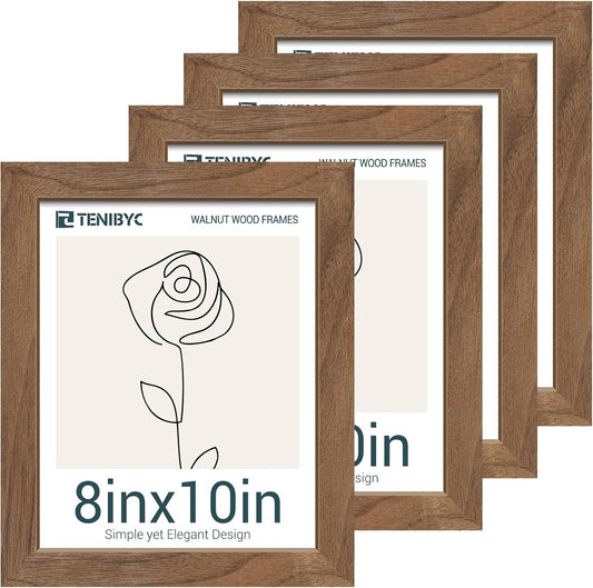 8x10 Picture Frame Set of 4, Brown Wood Grain, HD Tempered Glass, Natural Walnut Photo Frame, Table or Wall Display