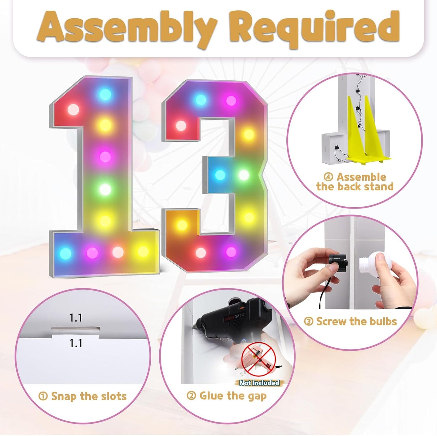 Marquee Numbers Colorful 13th-Birthday Decoration: 4FT Large Light Up 13 Year Old Birthday Decorations Anniversary Backdrop for Boys Girls Cardboard White Sign 18 Colors Number 13 Mosaic Balloon Frame