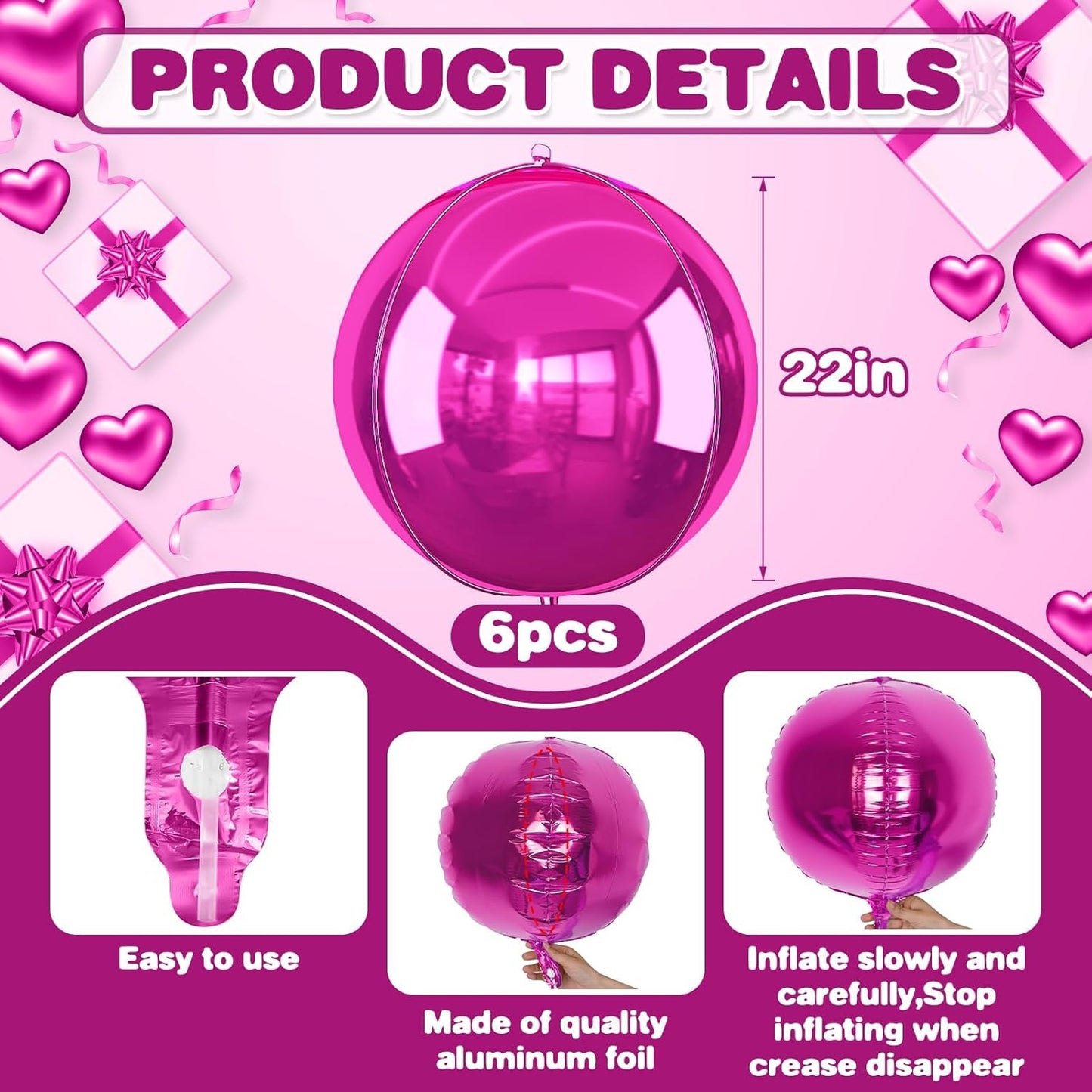 6Pcs Hot Pink Round Foil Balloons,Giant 4D Round Ball Balloon,22 Inch Metallic Hot Pink Balloons for Birthday Wedding Prom Party Decorations