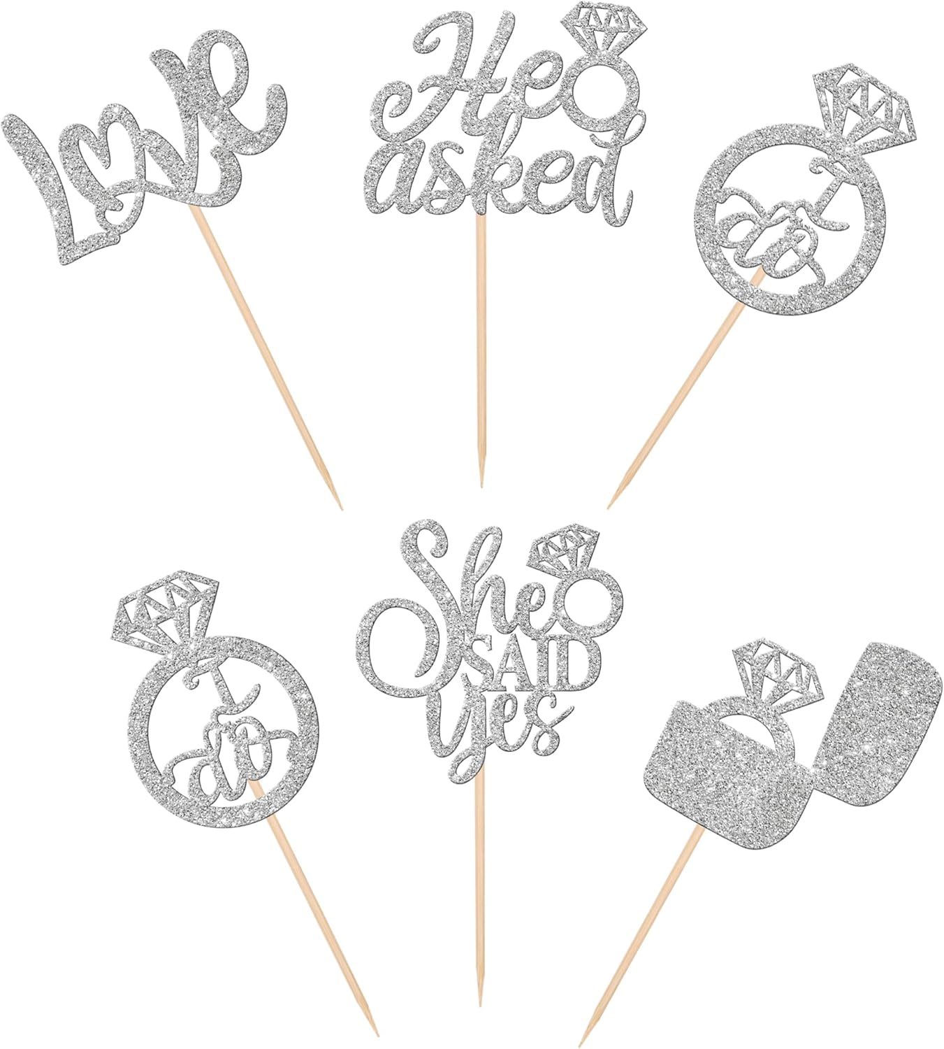 30 PCS He Asked She Said Yes Cupcake Toppers Diamond Ring Cupcake Picks Love I Do Bridal Shower Cupcake Decorations for Wedding Enaggement Theme Party Cake Decorations Supplies Silver