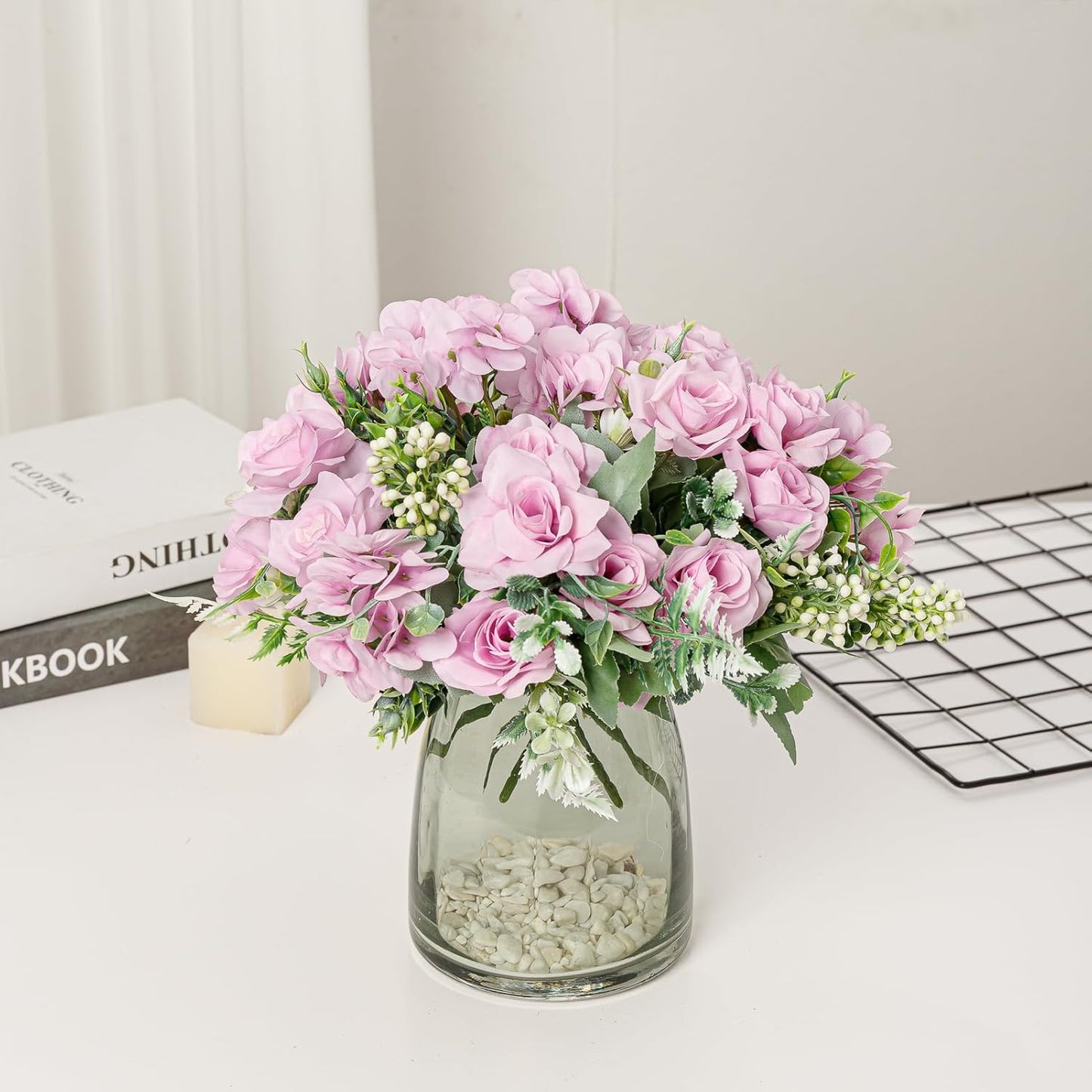 Artificial Flower 5 Branches Artificial Silk Fake Flowers Bouquet Small Roses for Wedding Home Office Tables Decor 4 Packs(Light Purple)