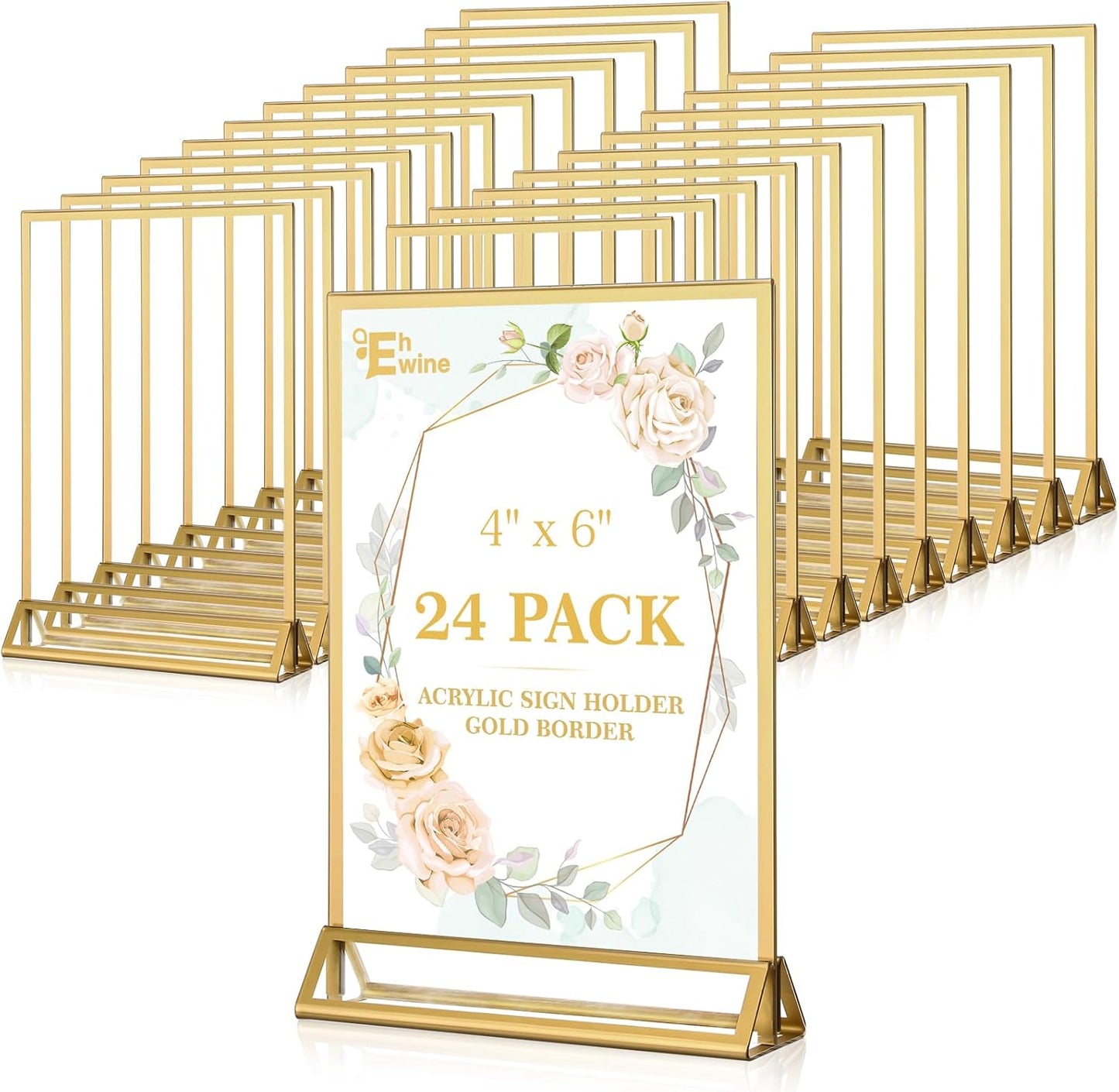 EHWINE 24 Pack Acrylic Sign Holder 4 x 6, Double Sided Gold Picture Frame Stand up Table Top Sign Holders, Clear Display Stand Menu Flyer Holder for Wedding Party
