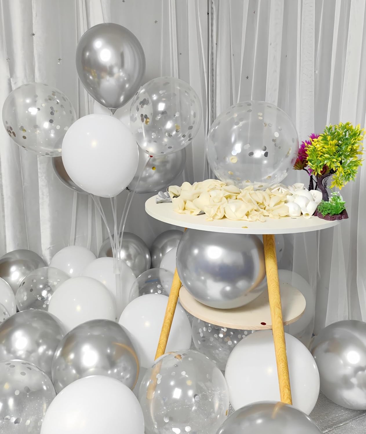 300 Pack White and Silver Balloons 12 Inch Silver Confetti Balloon for Various Party Events Decorations