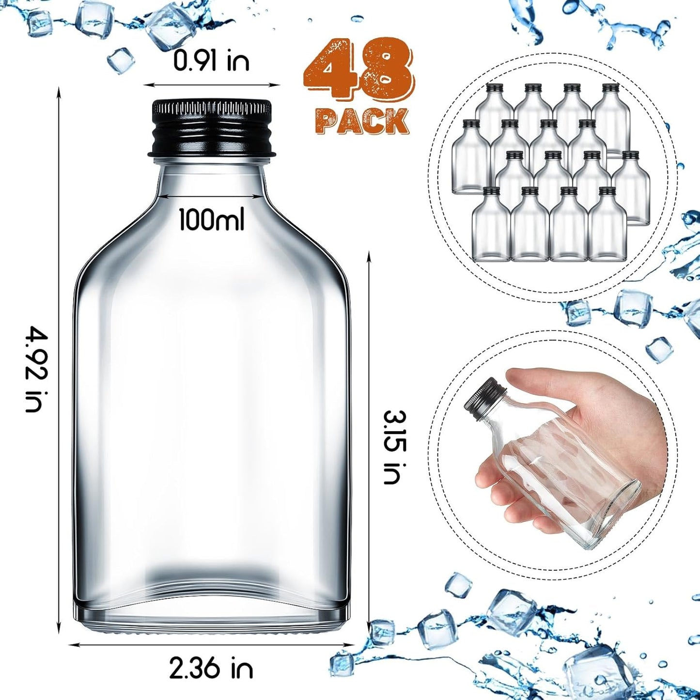 Patelai 48 Pcs Clear Glass Bottles with Caps Mini Glass Flask Liquor Bottles Empty Alcohol Shot Bottling Small Champagne Container DIY Gift for Wine Beverages Liquor Drinks Oil Beer (100 ml/ 3.4oz)