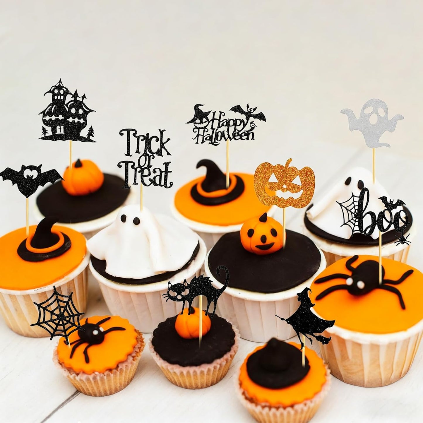 60Pcs Halloween Cupcake Toppers, Bat Pumpkin Ghost Cupcake Decorations for Halloween Party Supplies, Black Multi Style1