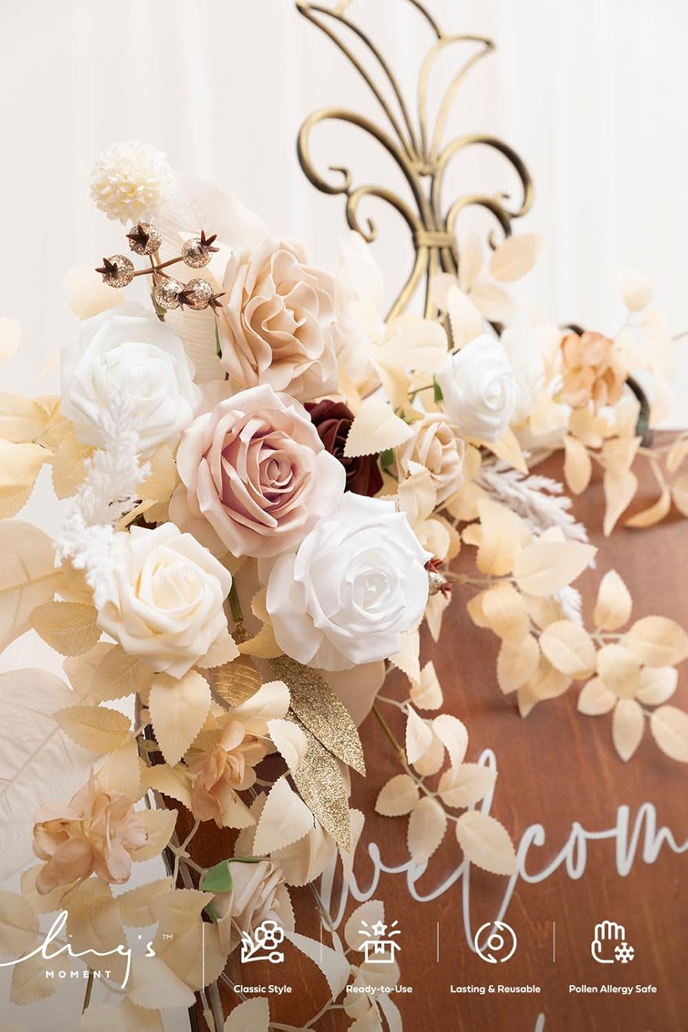 Ling's moment 2pcs Wedding Flowers Garland Artificial Floral Swag Arch Decorations Greenery Arrangements White & Beige Ceremony Reception Garden Easel Wall Entryway Outdoor Board(NOT Include Sign)