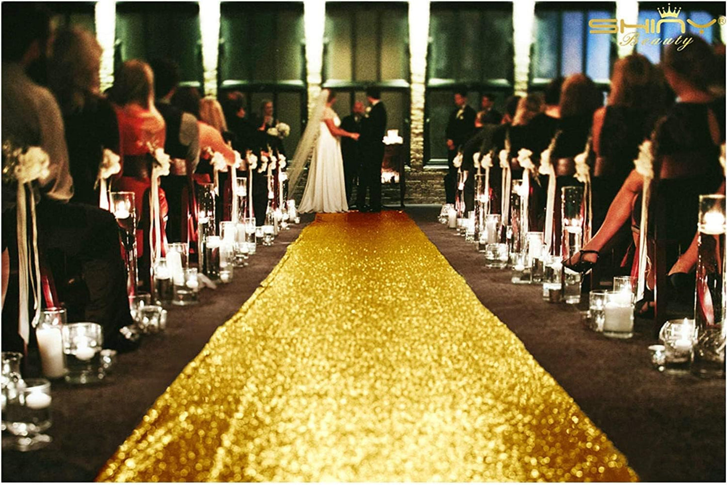 ShinyBeauty 4x20ft Sequined Gold Wedding Aisle Runner – Floral Printed Reusable Carpet Runner for Bride Walkway, Indoor Outdoor Ceremony