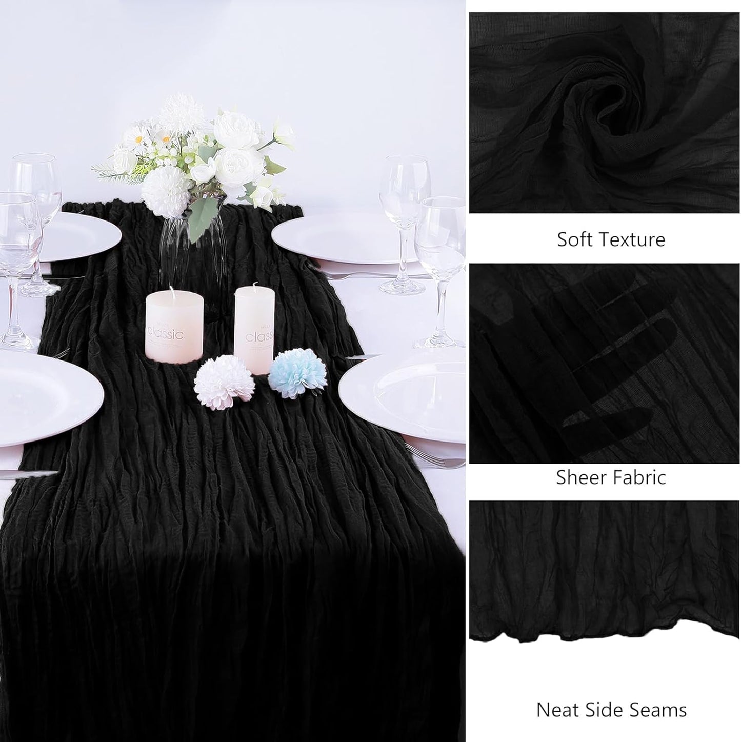 16PCS Black Cheesecloth Table Runner 10FT 35x120Inch Boho Gauze Cloth Long Rustic Sheer for Wedding Party Baby Bridal Shower Decor