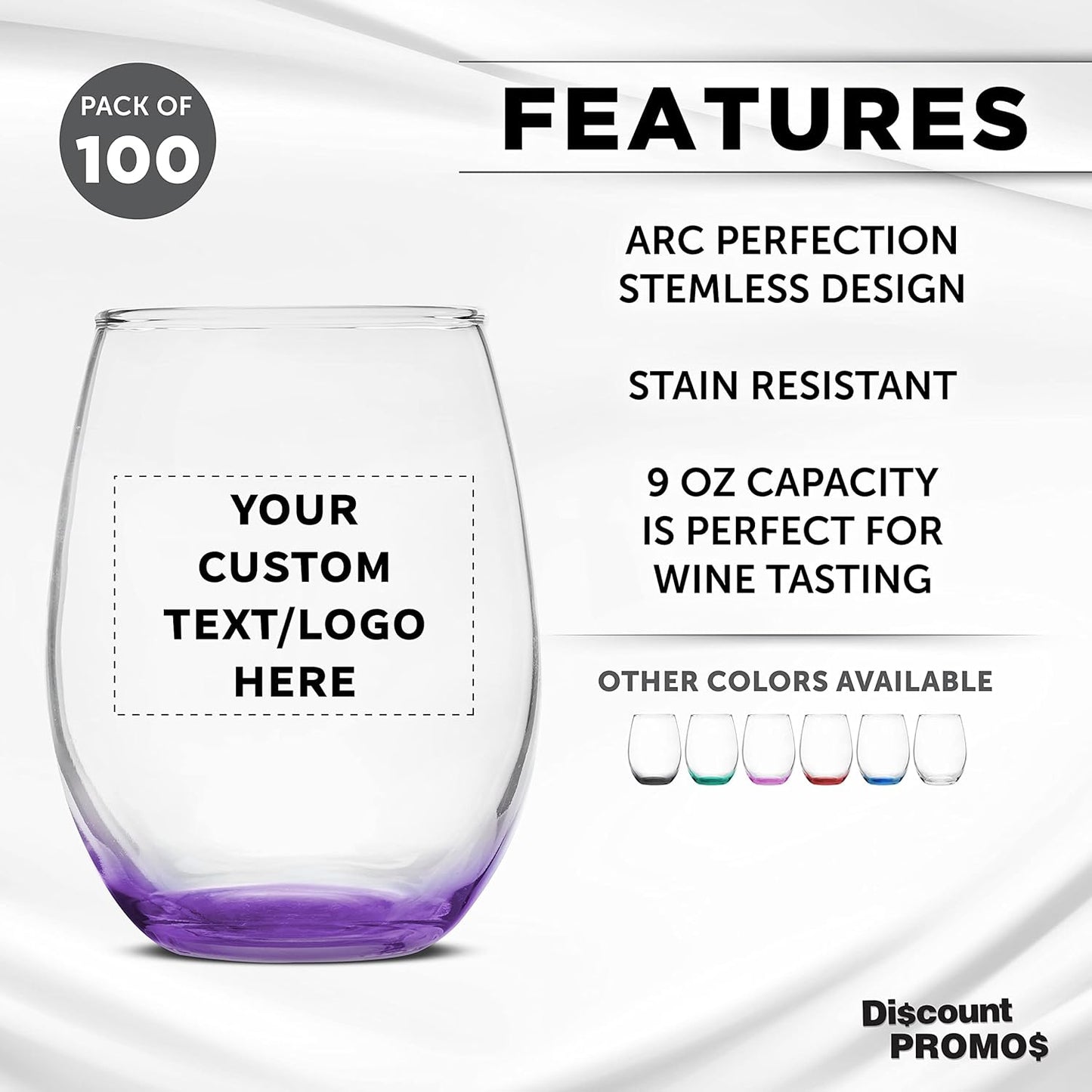 Custom Stemless Wine Glass 9 oz. Set of 100, Personalized Bulk Pack - Great for Wedding Favors, Bachelorette Party Decorations, Party Favors, Color Bottom - Purple