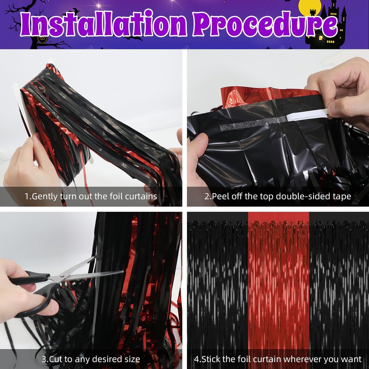 2 Pack Backdrop Curtains,3.28 Ft x 6.56 FT Red Black Halloween Backdrop,Metallic Party Streamer Tinsel Backdrop,Foil Curtains Backdrops Halloween Decorations Party Supplies
