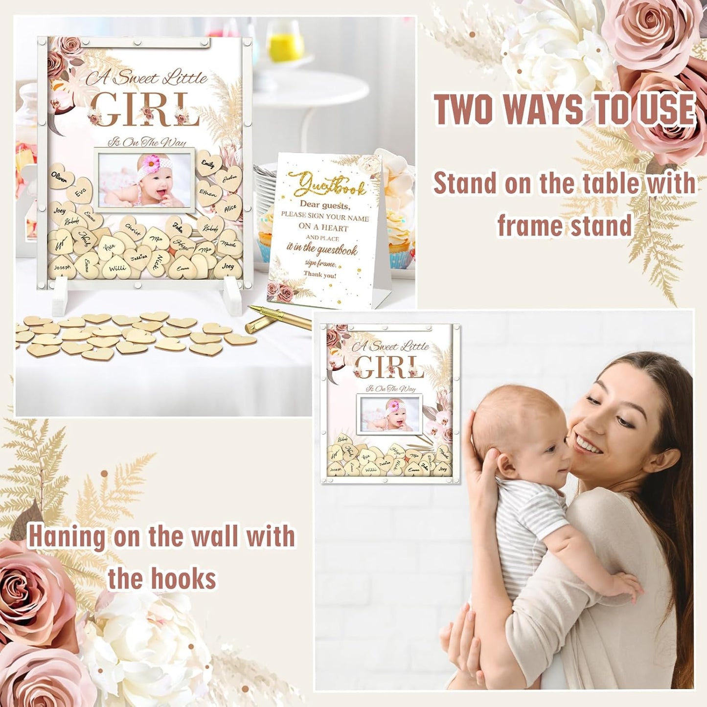 65 Pcs Baby Shower Guest Book Alternatives He or She Gender Reveal Boho Flower Baby Shower Decorations Sign in Guest Book with Picture Frame and 60 Wooden Chip