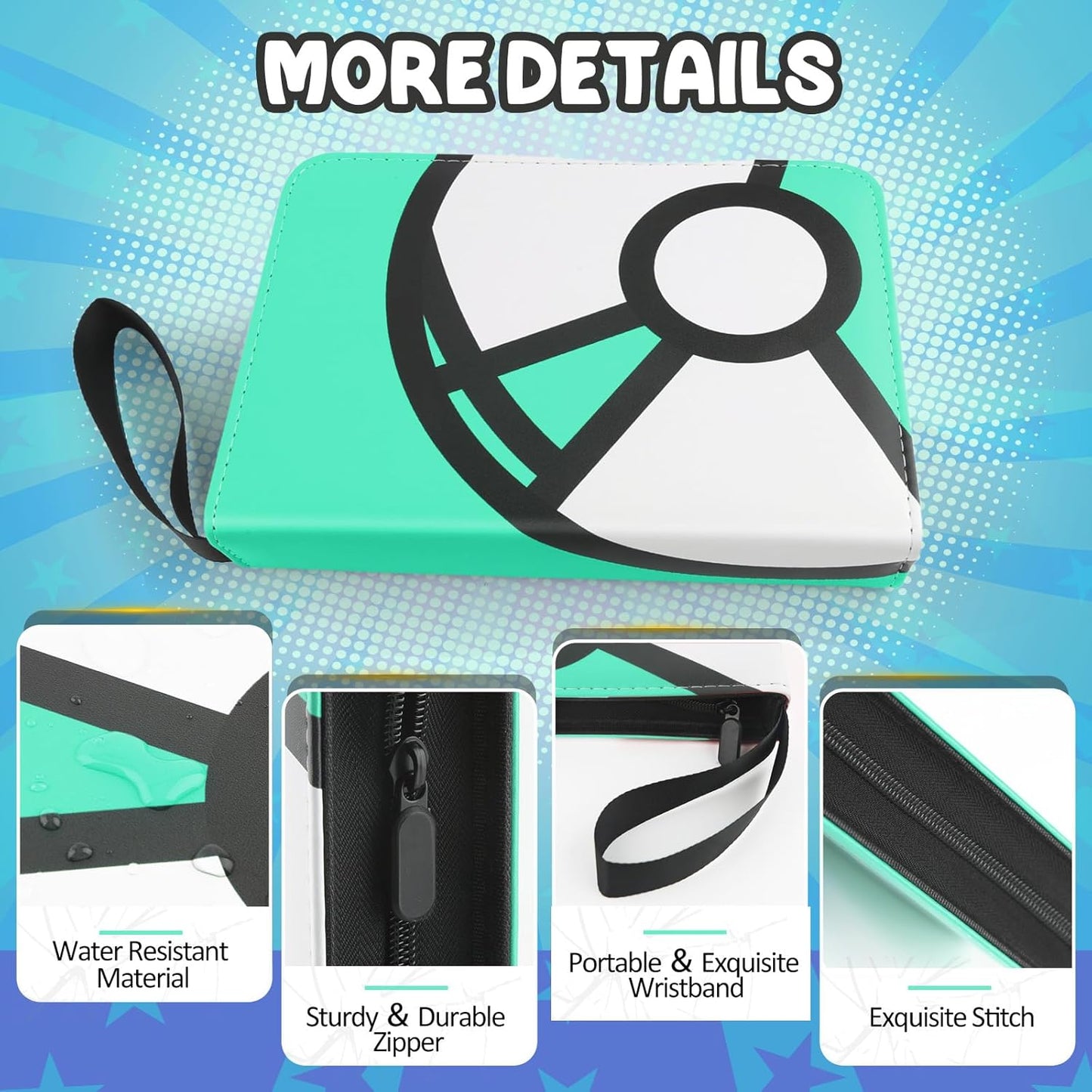 Trading Card Binder 4-Pockets, 400 Pockets Card Holder with 50 Removable Sleeves, Large Capacity & Waterproof Zipper Album Holder for Trading Card Collector, Portable Card Album Book for Card-Green