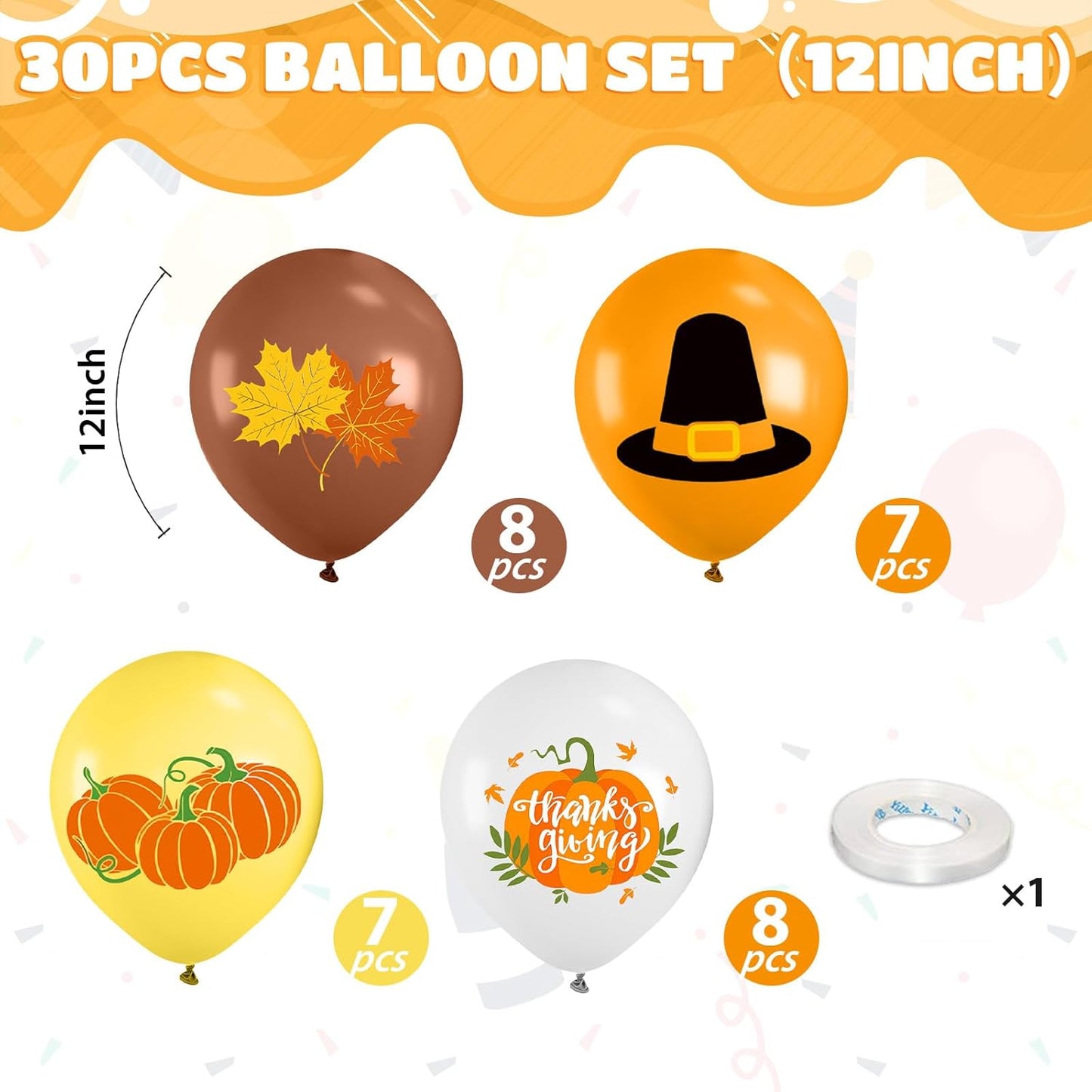 Thanksgiving Balloons, 12 Inch Orange Coffee Brown Yellow White Pumpkin Fall Maple Balloons for Boy Girl Thanksgiving Fall Birthday Autumn Party Decoration Pumpkin Baby Shower Anniversary Backdrop