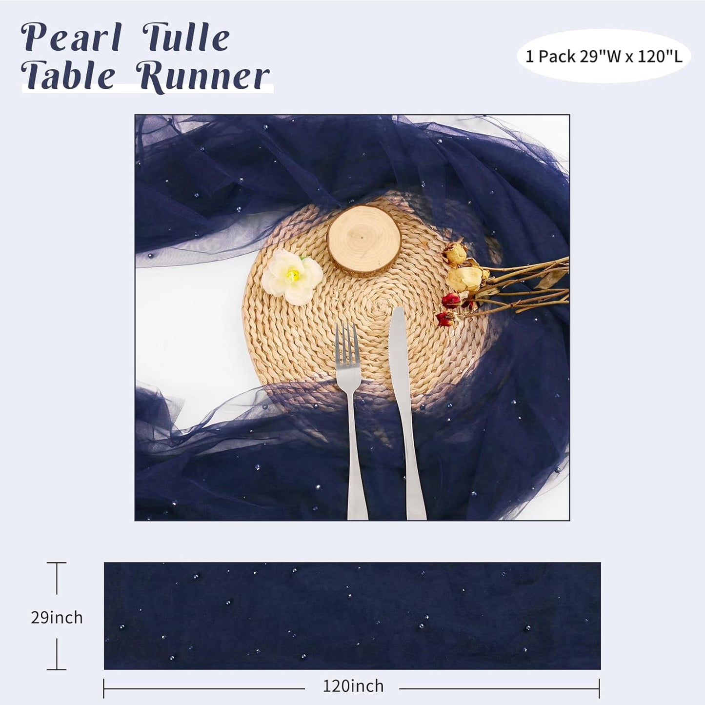 Pearl Table Runner 29 x 120 Inch Tulle Fabric Lace Table Runners Boho Rustic Tablecloth for Bridal Shower Birthday Party Wedding Arch Aisle Veil Dessert Table Decor(1 Pack, Navy Blue)