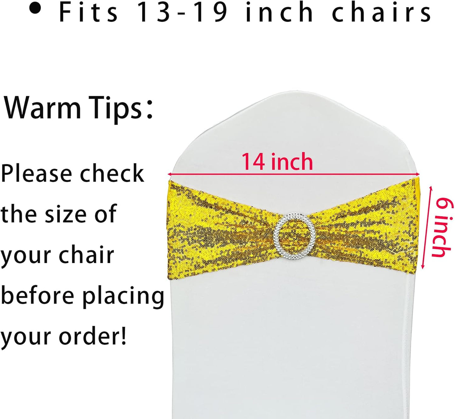 50 Pcs Sequin Chair Sashes Stretch Chair Bands Spandex Polyester Bows for Party Hotel Wedding Banquets Decoration -Gold