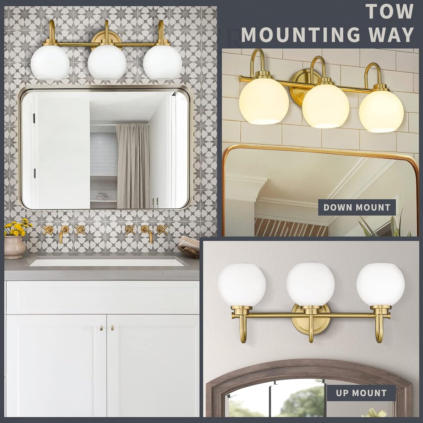 Gold Bathroom Light Fixtures, 3 Light Gold Modern Bathroom Light Fixtures Over Mirror with White Milk White Globe Glass Shade for Bathroom