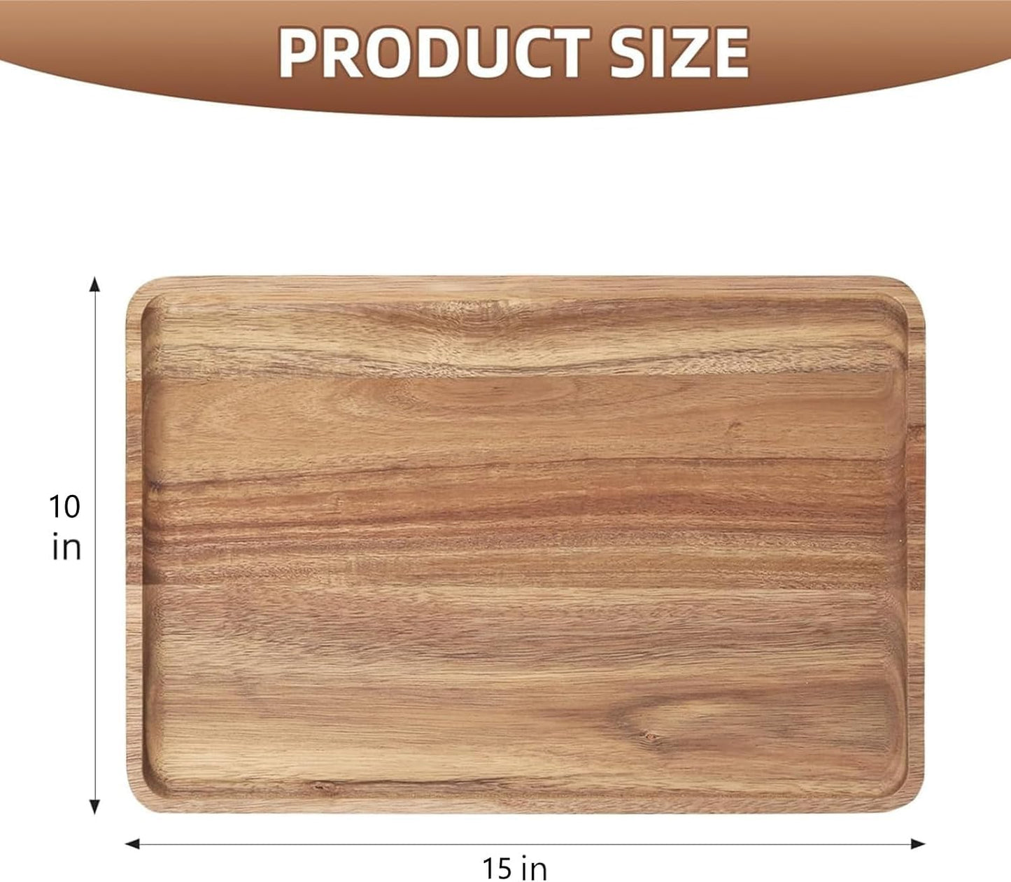 2pcs 15"x10" Large Solid Acacia Wood Serving Trays Rectangular Wooden Serving Platters Natural Wooden Boards for Bar Coffee Party（Wood Log Color）