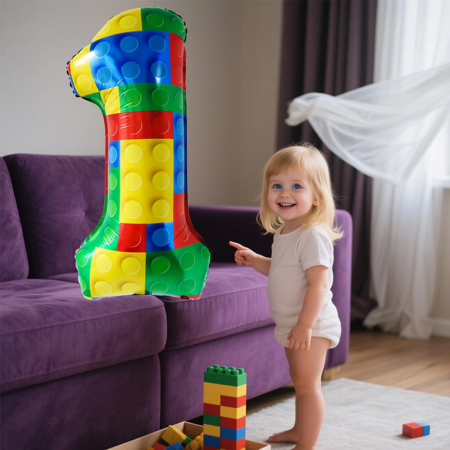 32 Inch Stackable Block Number 1 Balloon – Colorful Brick Building Themed Big Helium Digits for Kids Birthday Party Decorations (Number 5) (Building Block, Number 1)