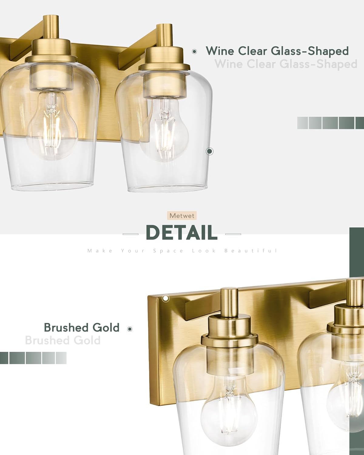 Bathroom Light Fixtures, 3-Light Modern Vanity Light with Clear Glass Wine Glass-Shaped Shade, Vanity Lighting Fixtures Over Mirror, Brushed Gold, VL155-BG-3