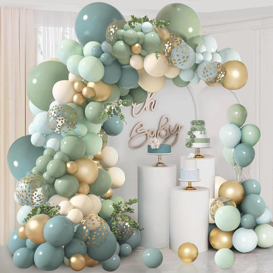 Dusty Blue Sage Green Balloon Arch Kit, Pastel Blue Green Sand White Gold Confetti Balloons Garland Kit for Wedding Bridal Boho Birthday Party Backdrop Decorations