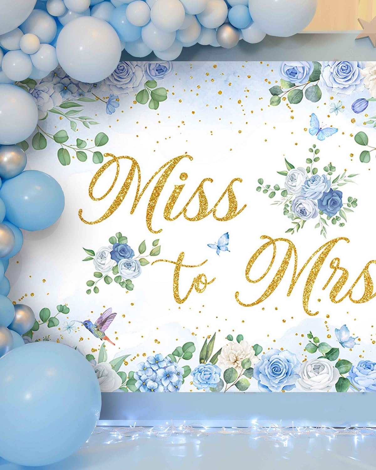 Mocsicka Miss to Mrs Banner Blue Floral Gold Dots Bridal Shower Party Decorations Banner for Wedding Engagement Bachelorette Party Backdrop for Photography Photo Booth Props (Blue, 70.8x43.3 inch)