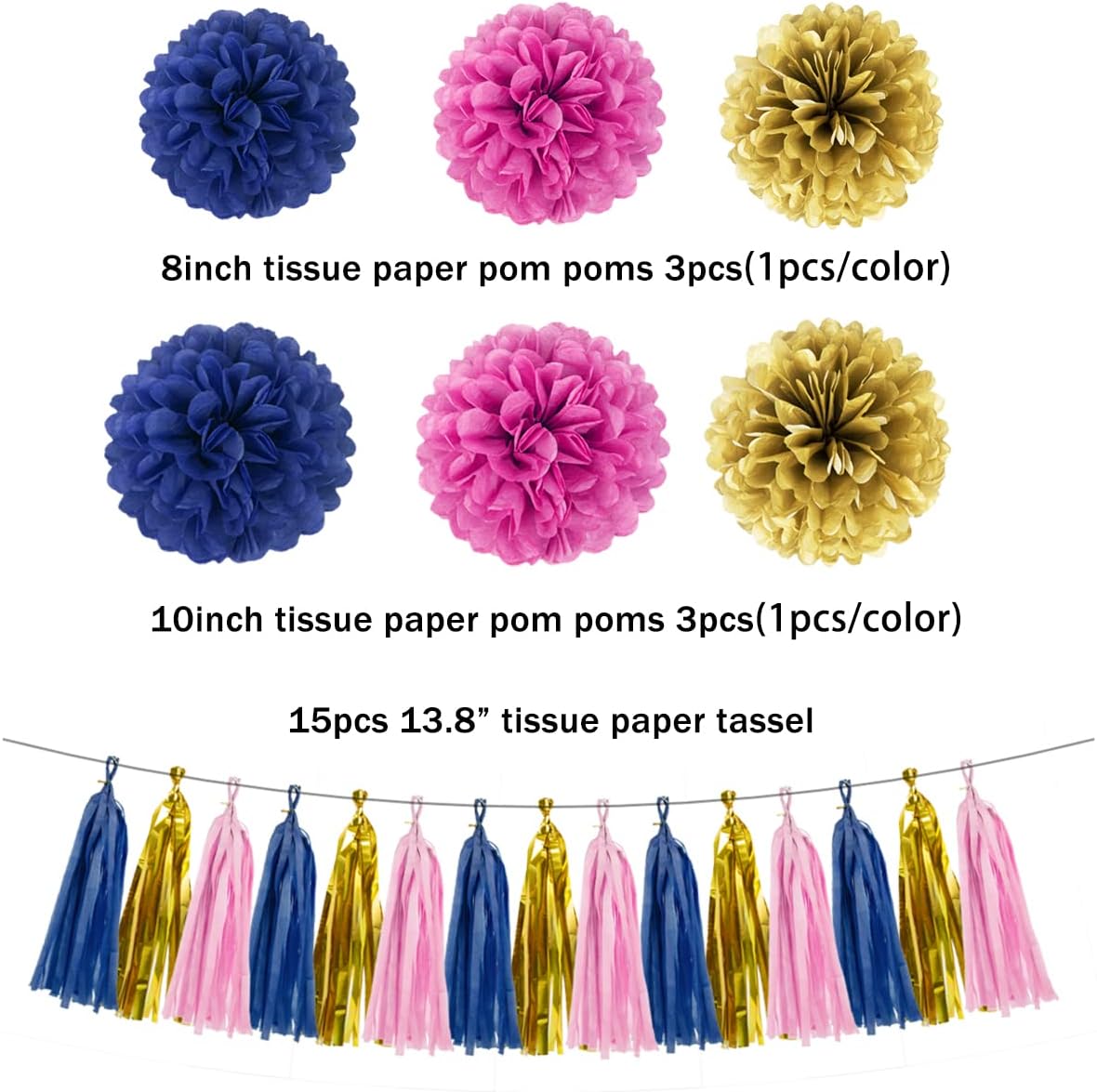 Gold Navy-Blue Pink Party Decorations - 23pcs Tissue Paper Flower Pom Poms Tassel Garland Pennant Banner Flags Streamers Birthday Baby Bridal Shower Engagement Bachelorette Wedding Gender Reveal Decor