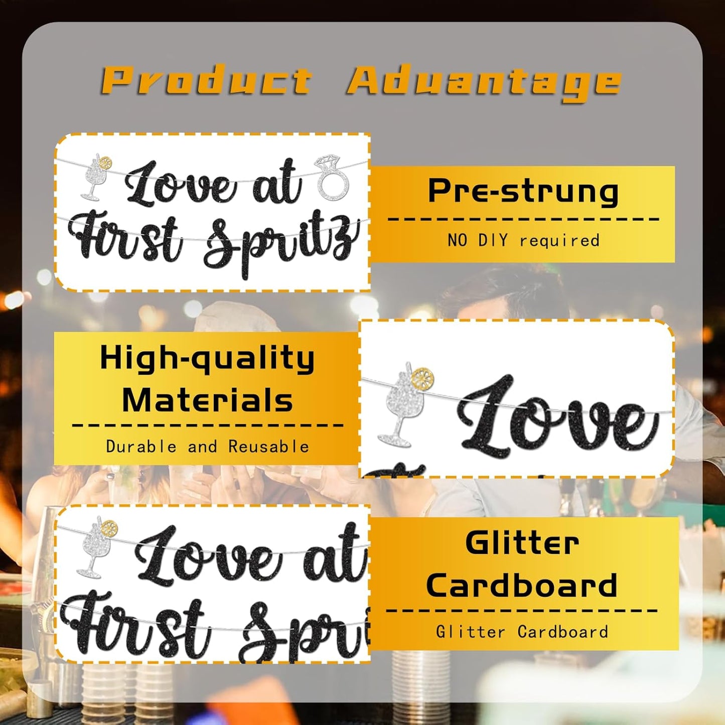 Love At First Spritz Wedding Banner - Bridal Shower Decorations, No Diy, Glitter Just Engaged Spritz Party Banners for Wedding/Engagement/Bachelorette Party Decorations Supplies, Black.